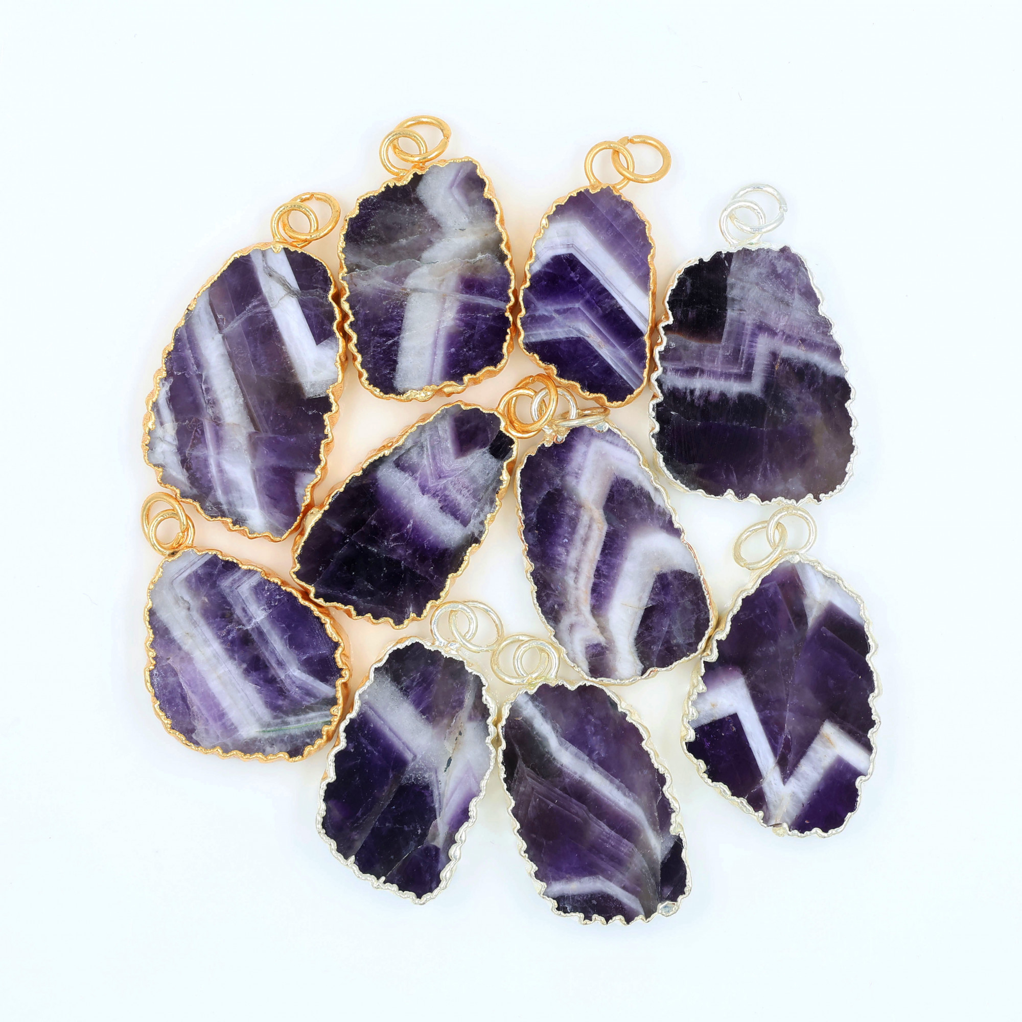 10Pcs 320Cts Natural Amethyst Gold Silver Electroplated Connector Pendant Lot Gemstone Jewelry Making Supplies 28x1435x20mm 19867
