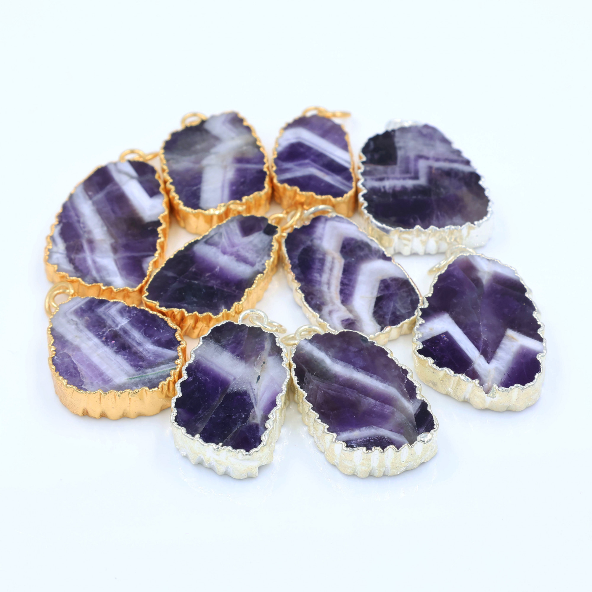 10Pcs 320Cts Natural Amethyst Gold Silver Electroplated Connector Pendant Lot Gemstone Jewelry Making Supplies 28x1435x20mm 19867