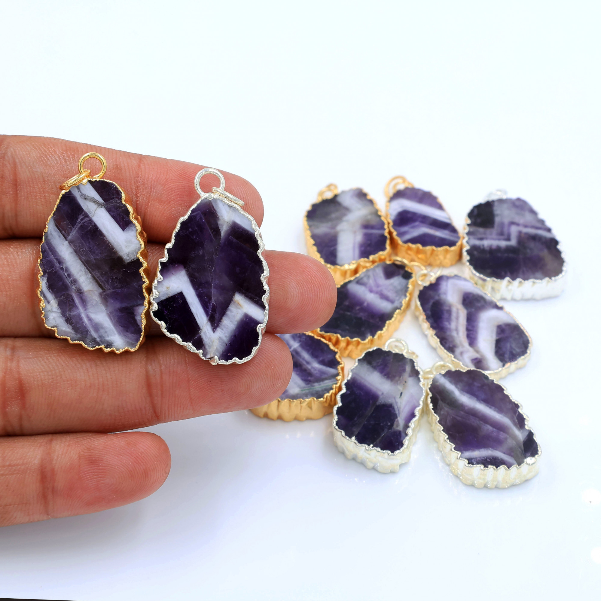 10Pcs 320Cts Natural Amethyst Gold  Silver Electroplated Connector Pendant Lot Gemstone Jewelry Making Supplies 28x1435x20mm 19867
