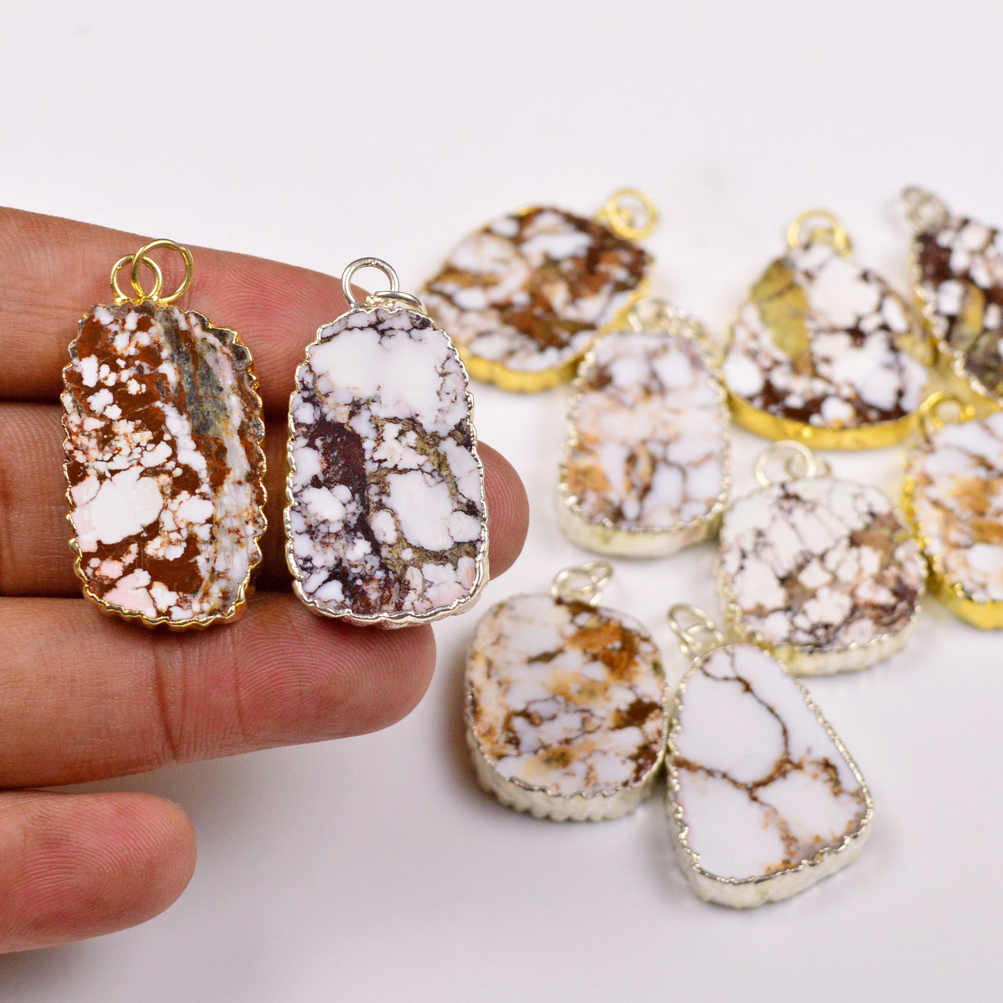 10Pcs 290Cts Natural Wild Horse Magnesite Gold Silver Electroplated Connector Pendant Lot Gemstone Jewelry Making Supplies 28x2235x18mm 19869