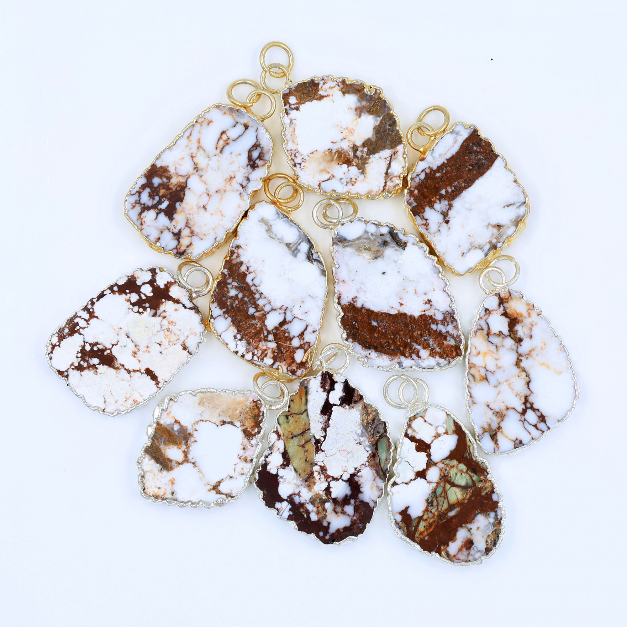 10Pcs 298Cts Natural Wild Horse Magnesite Gold and Silver Electroplated Connector Pendant Lot 22x20 35x20mm 19870