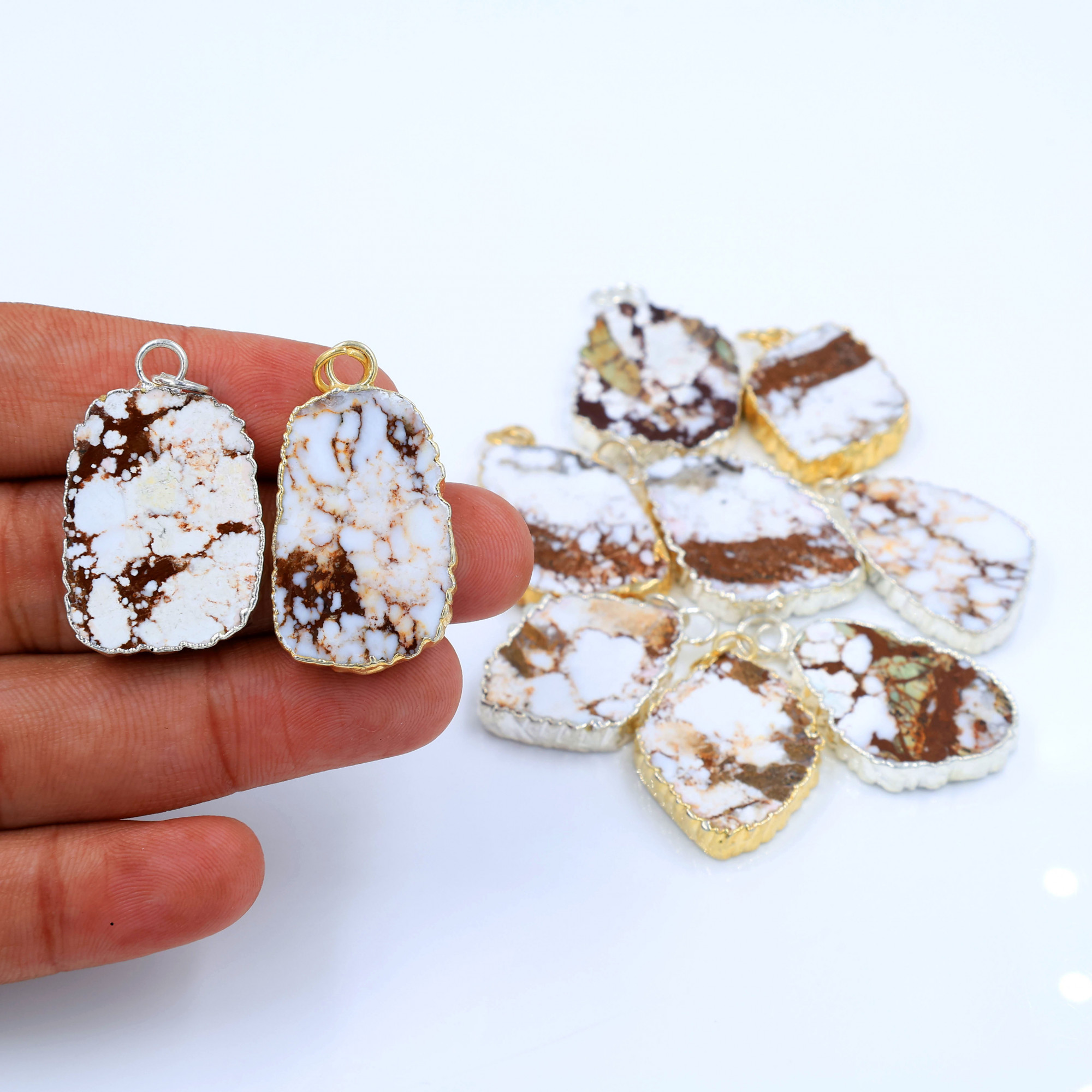 10Pcs 298Cts Natural Wild Horse Magnesite Gold and Silver Electroplated Connector Pendant Lot 22x20 35x20mm 19870