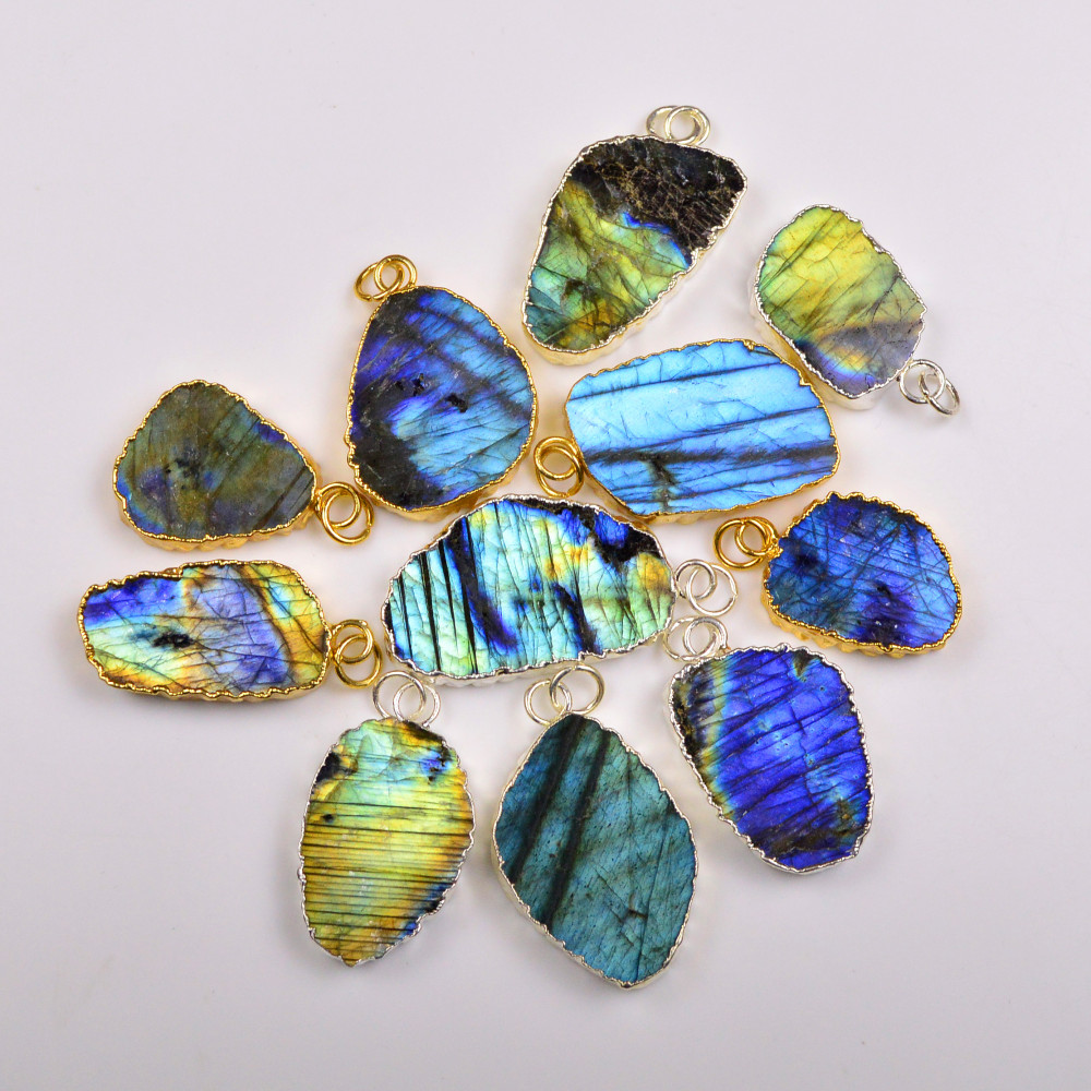 Image of 11Pcs 347Cts Natural Labradorite Gold &amp; Silver Electroplated Connector Pendant Lot, Gemstone Jewelry Making Supplies, 26x16–38x20mm #19872