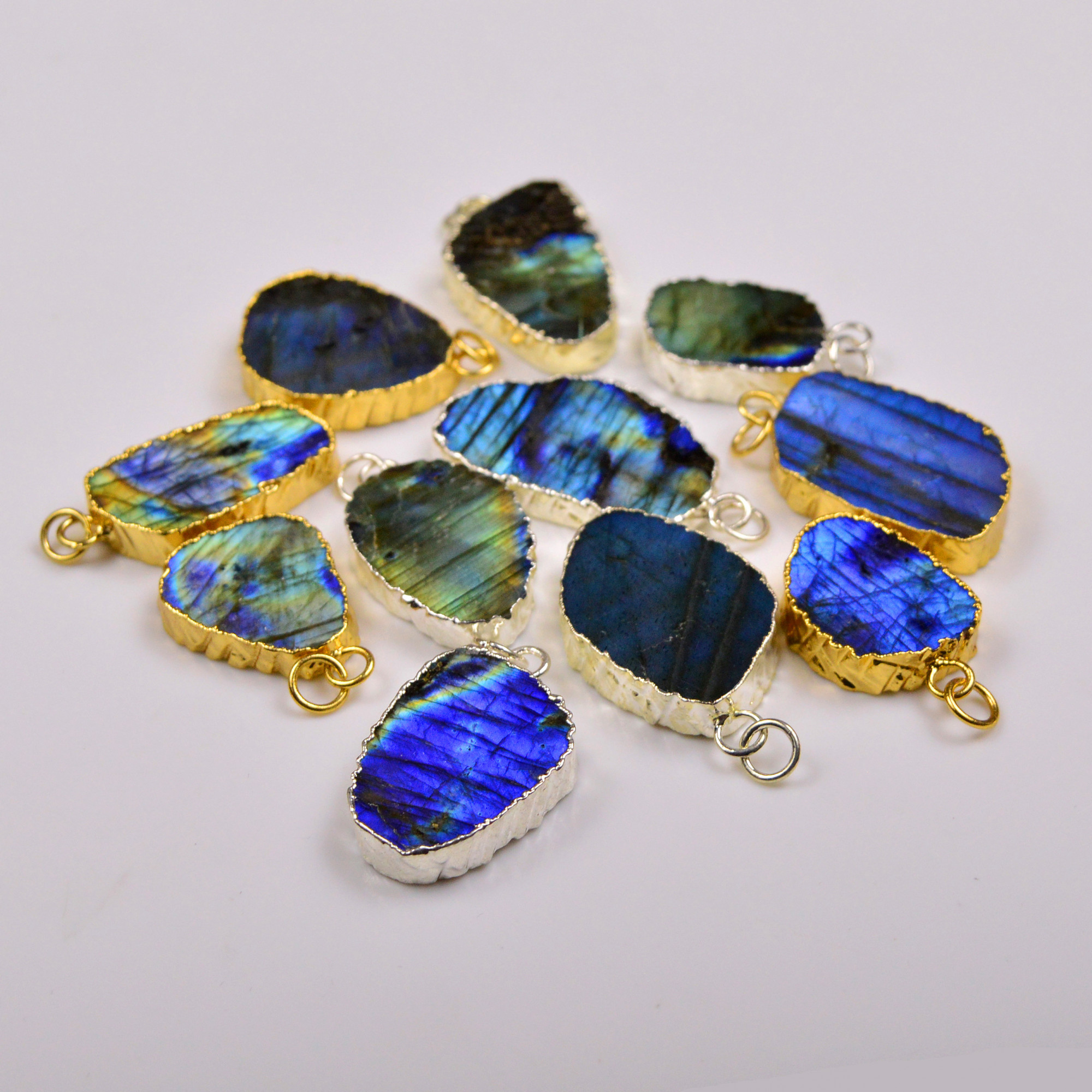 11Pcs 347Cts Natural Labradorite Gold  Silver Electroplated Connector Pendant Lot Gemstone Jewelry Making Supplies 26x1638x20mm 19872