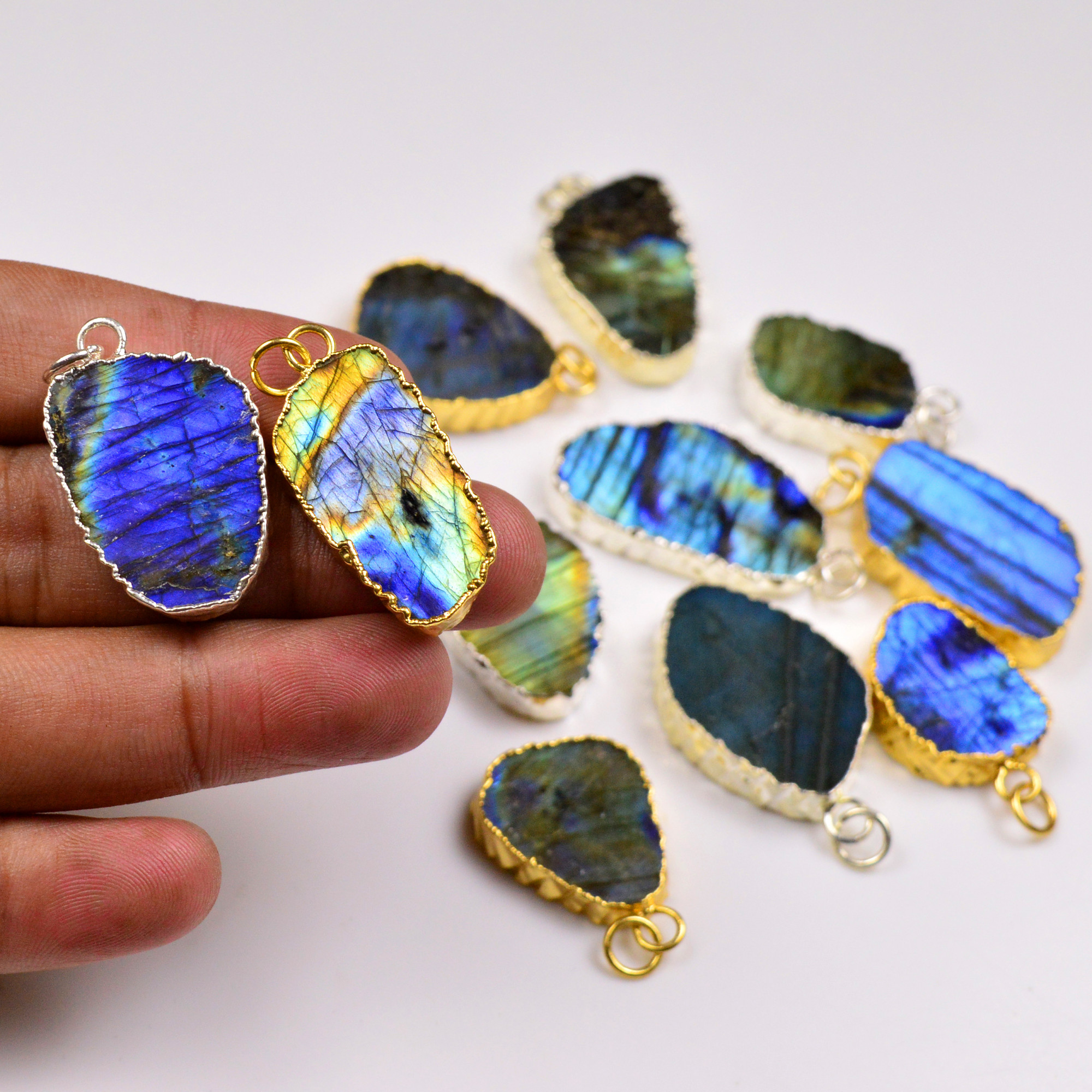11Pcs 347Cts Natural Labradorite Gold  Silver Electroplated Connector Pendant Lot Gemstone Jewelry Making Supplies 26x1638x20mm 19872