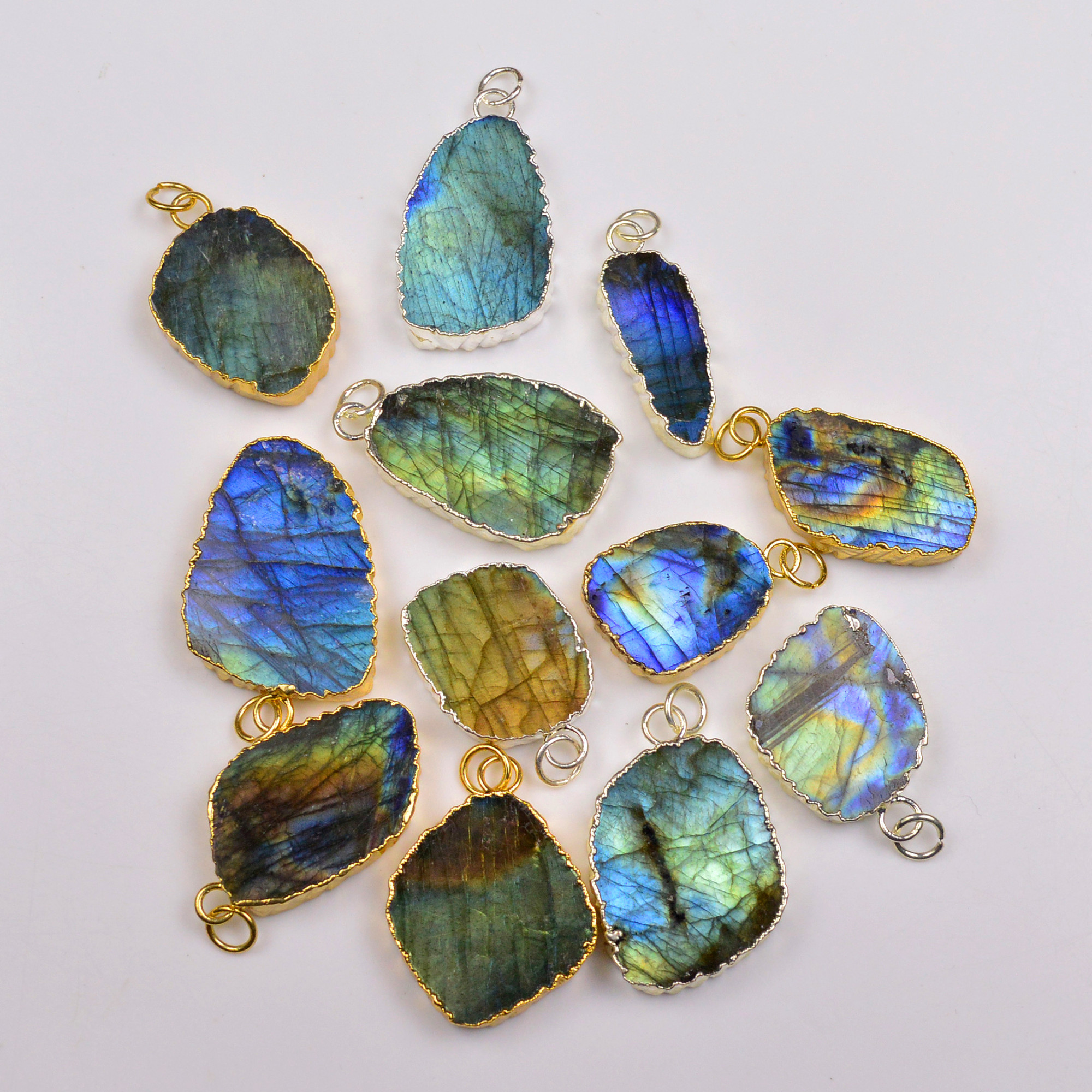 12Pcs 414Cts Natural Labradorite Gold Silver Electroplated Connector Pendant Lot Natural Gemstone Jewelry Making Supplies 26x1737x23mm 19873