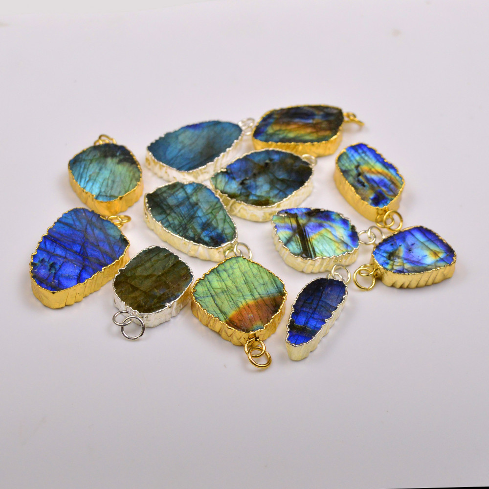 Image of 12Pcs 414Cts Natural Labradorite Gold &amp; Silver Electroplated Connector Pendant Lot, Natural Gemstone Jewelry Making Supplies, 26x17–37x23mm #19873