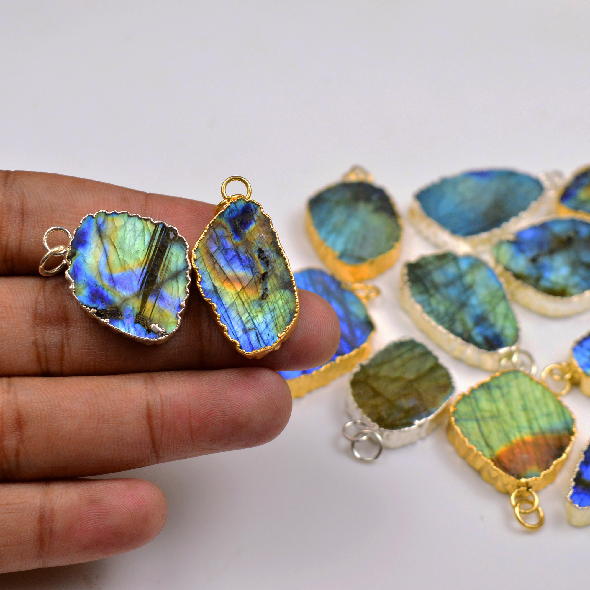12Pcs 414Cts Natural Labradorite Gold  Silver Electroplated Connector Pendant Lot Natural Gemstone Jewelry Making Supplies 26x1737x23mm 19873