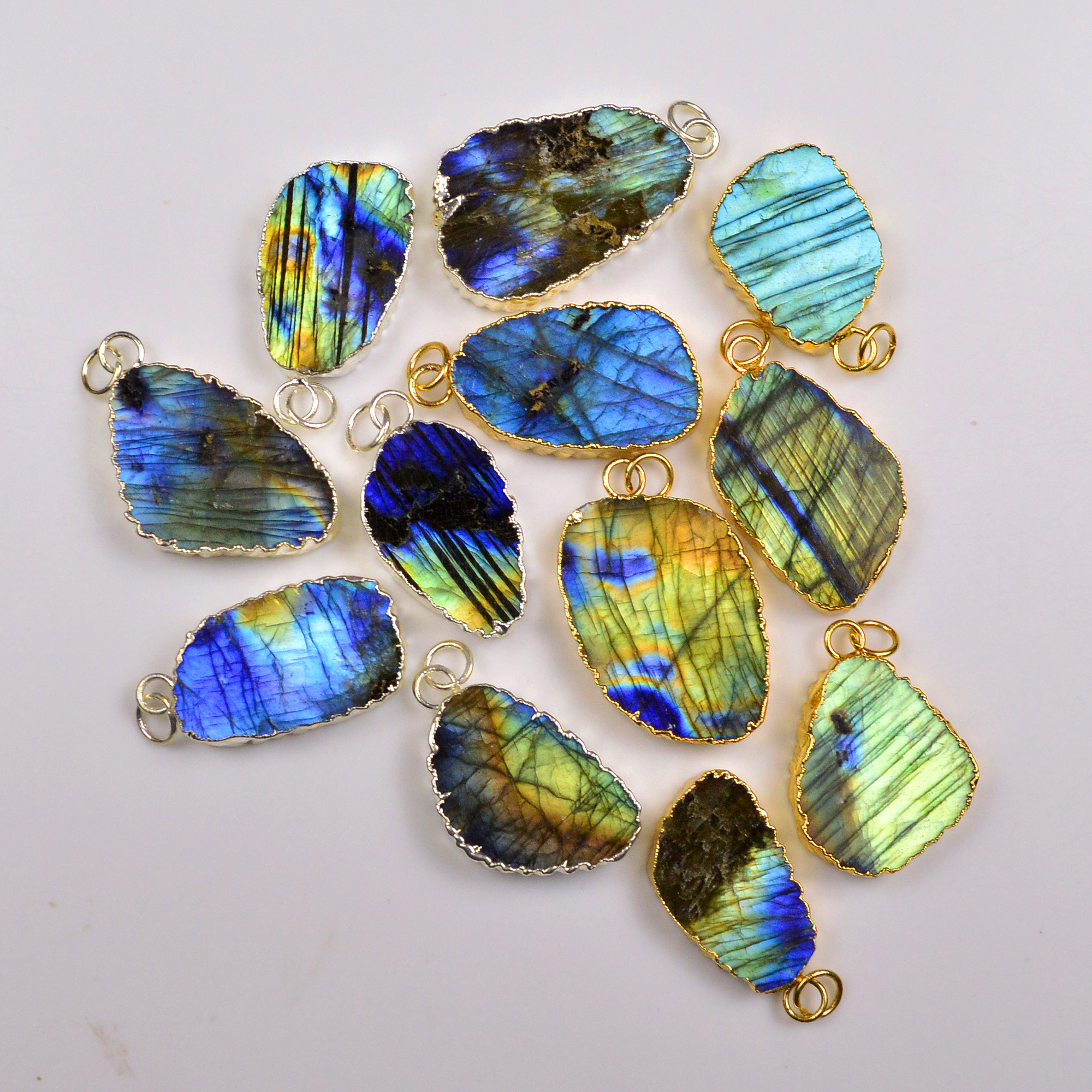 12Pcs 385Cts Natural Labradorite Gold  Silver Electroplated Connector Pendant Lot Natural Gemstone Jewelry Making Supplies 33x1837x21mm 19874