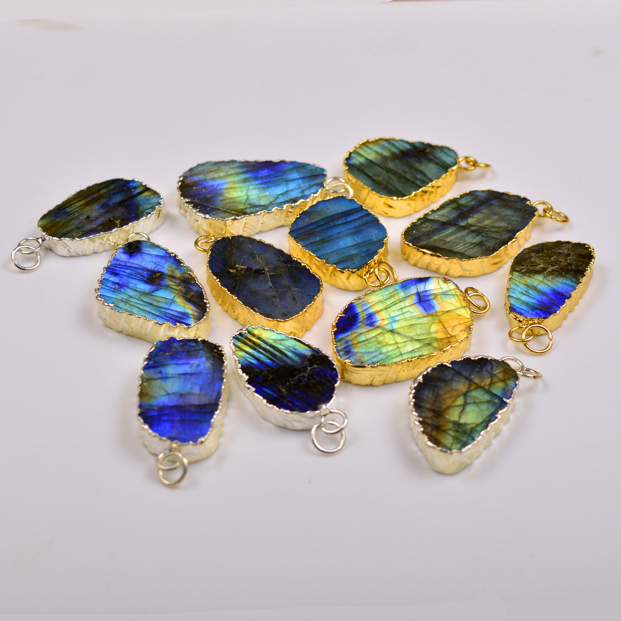 12Pcs 385Cts Natural Labradorite Gold  Silver Electroplated Connector Pendant Lot Natural Gemstone Jewelry Making Supplies 33x1837x21mm 19874