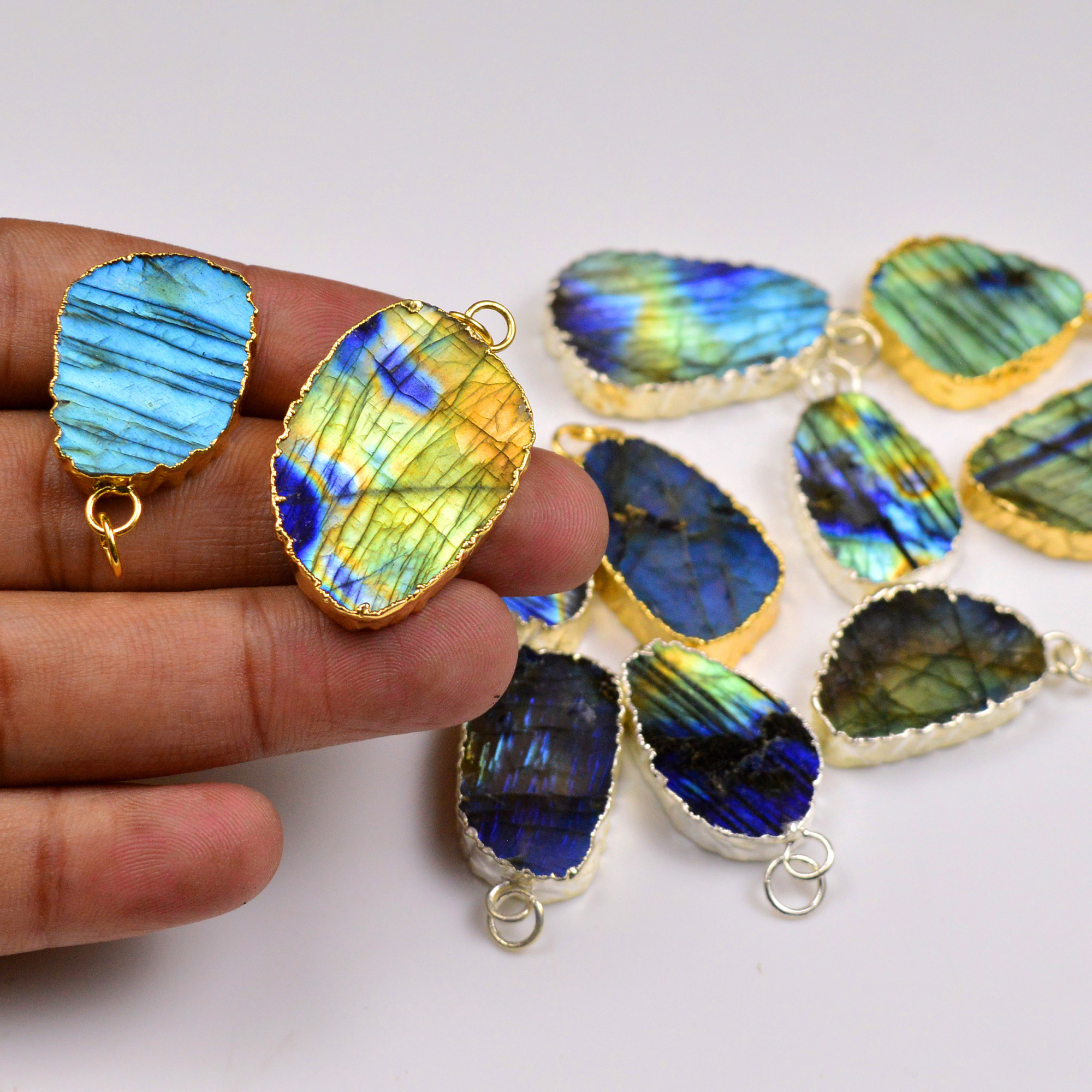 12Pcs 385Cts Natural Labradorite Gold Silver Electroplated Connector Pendant Lot Natural Gemstone Jewelry Making Supplies 33x1837x21mm 19874