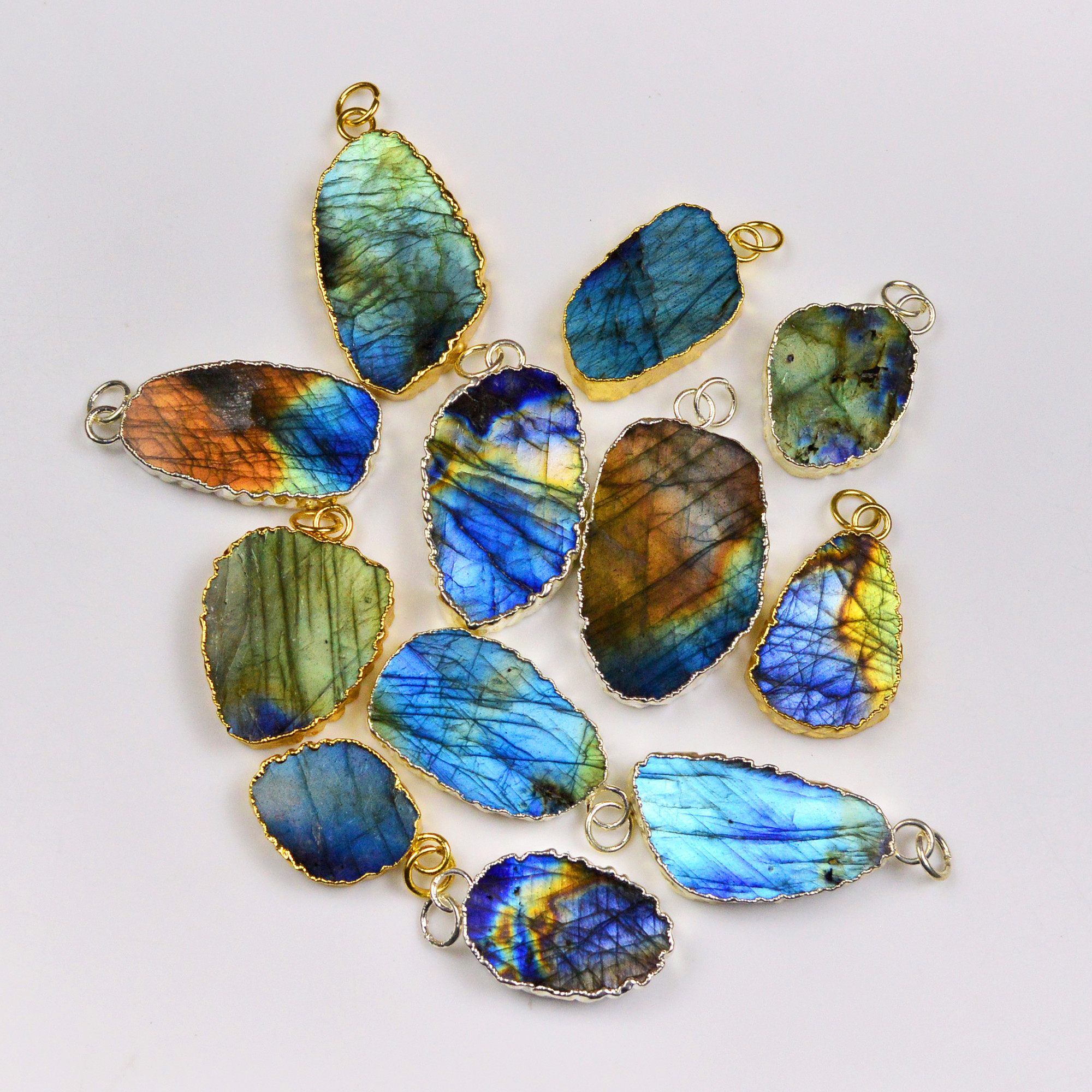 12Pcs 401Cts Natural Labradorite Gold  Silver Electroplated Connector Pendant Lot Natural Gemstone Jewelry Making Supplies 25x1640x22mm 19875
