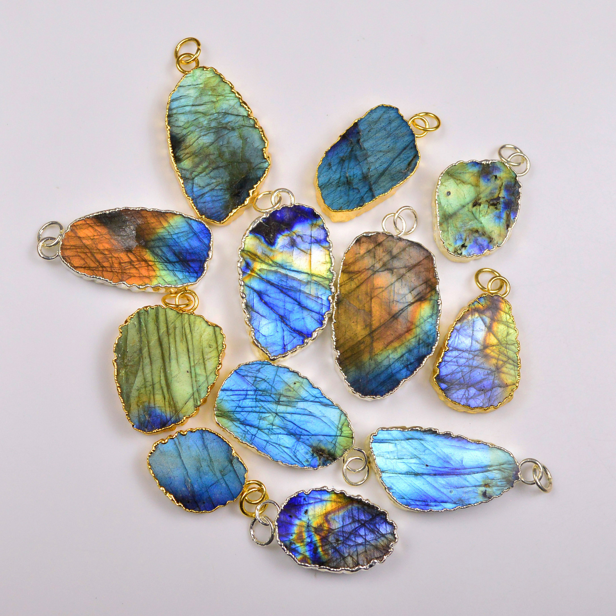 12Pcs 401Cts Natural Labradorite Gold  Silver Electroplated Connector Pendant Lot Natural Gemstone Jewelry Making Supplies 25x1640x22mm 19875