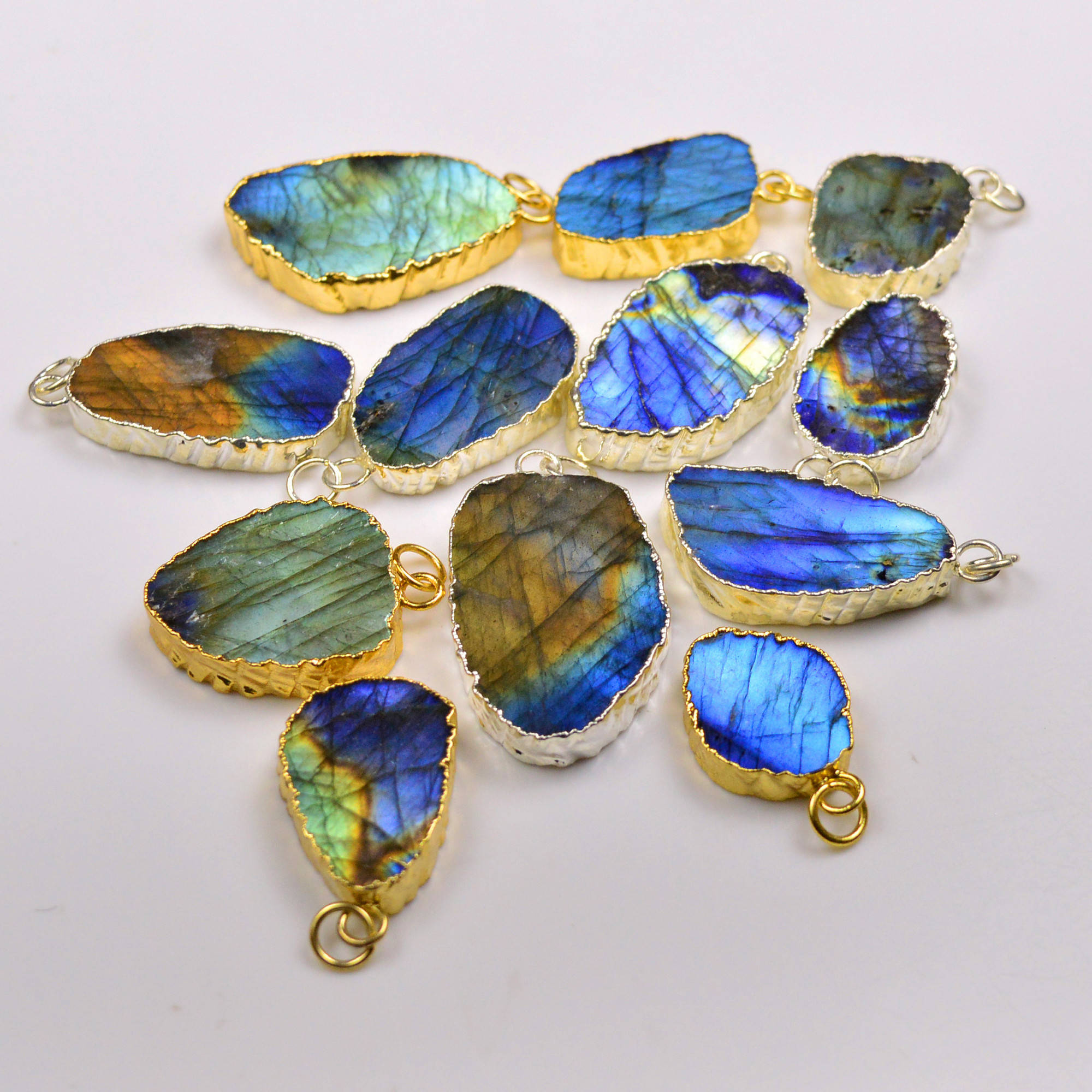 12Pcs 401Cts Natural Labradorite Gold  Silver Electroplated Connector Pendant Lot Natural Gemstone Jewelry Making Supplies 25x1640x22mm 19875