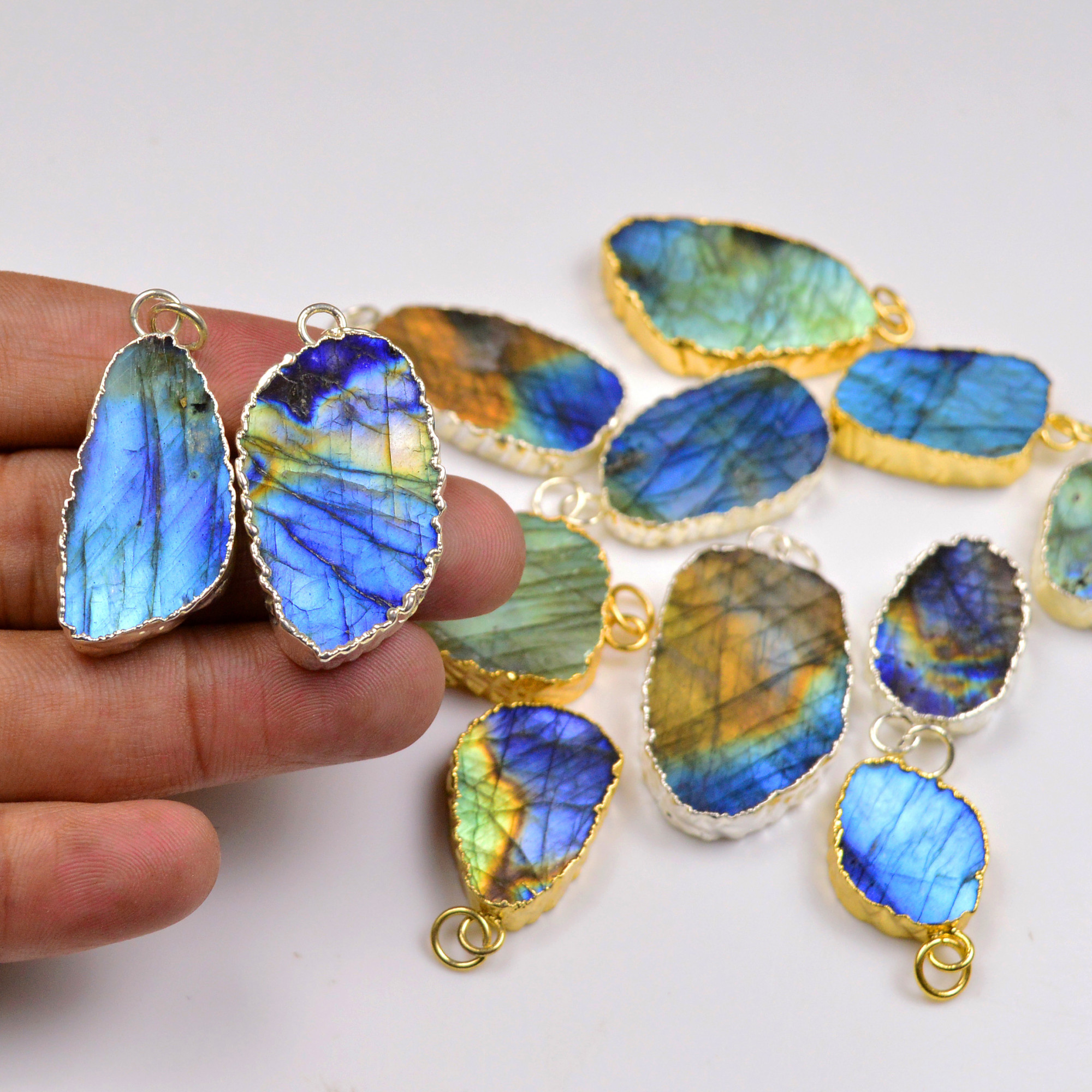 12Pcs 401Cts Natural Labradorite Gold  Silver Electroplated Connector Pendant Lot Natural Gemstone Jewelry Making Supplies 25x1640x22mm 19875