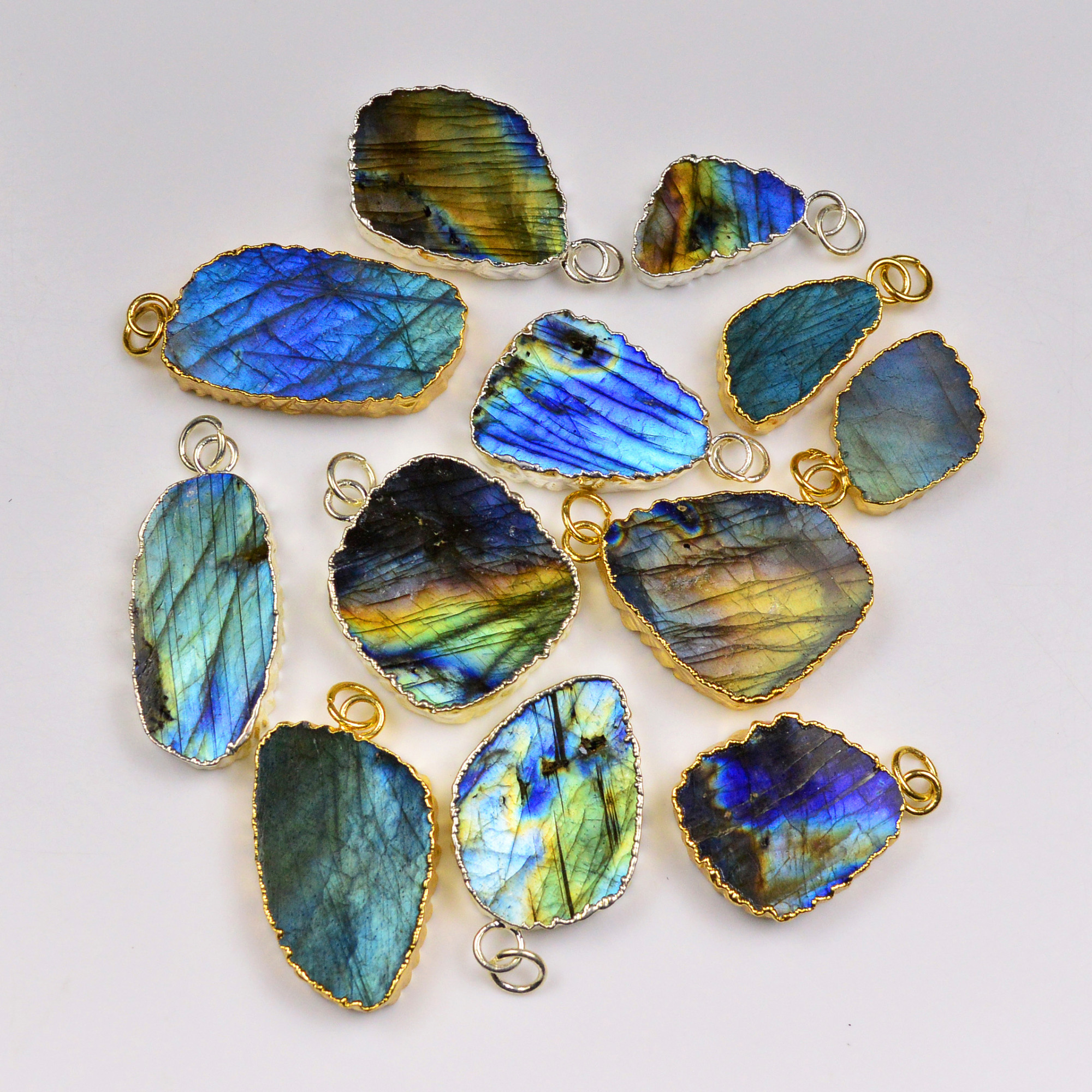 12Pcs 388Cts Natural Labradorite Gold Silver Electroplated Connector Pendant Lot Natural Gemstone Jewelry Making Supplies 25x1338x18mm 19876