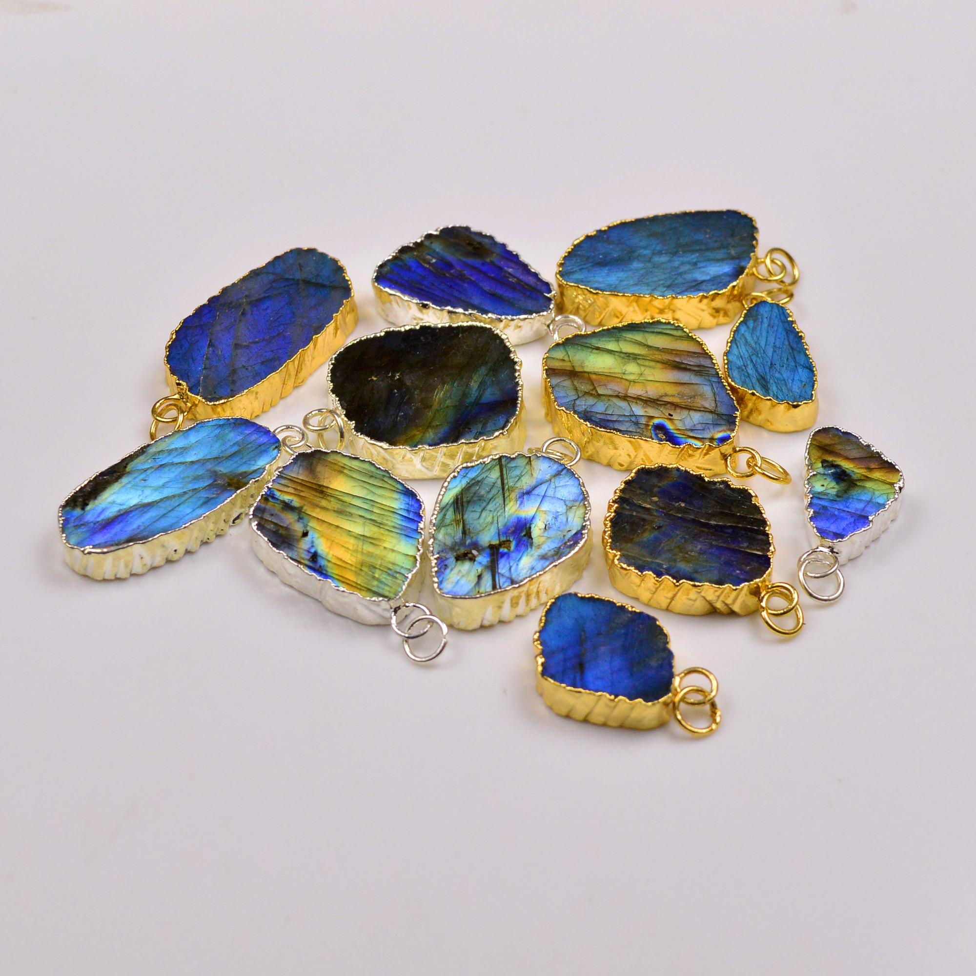12Pcs 388Cts Natural Labradorite Gold  Silver Electroplated Connector Pendant Lot Natural Gemstone Jewelry Making Supplies 25x1338x18mm 19876