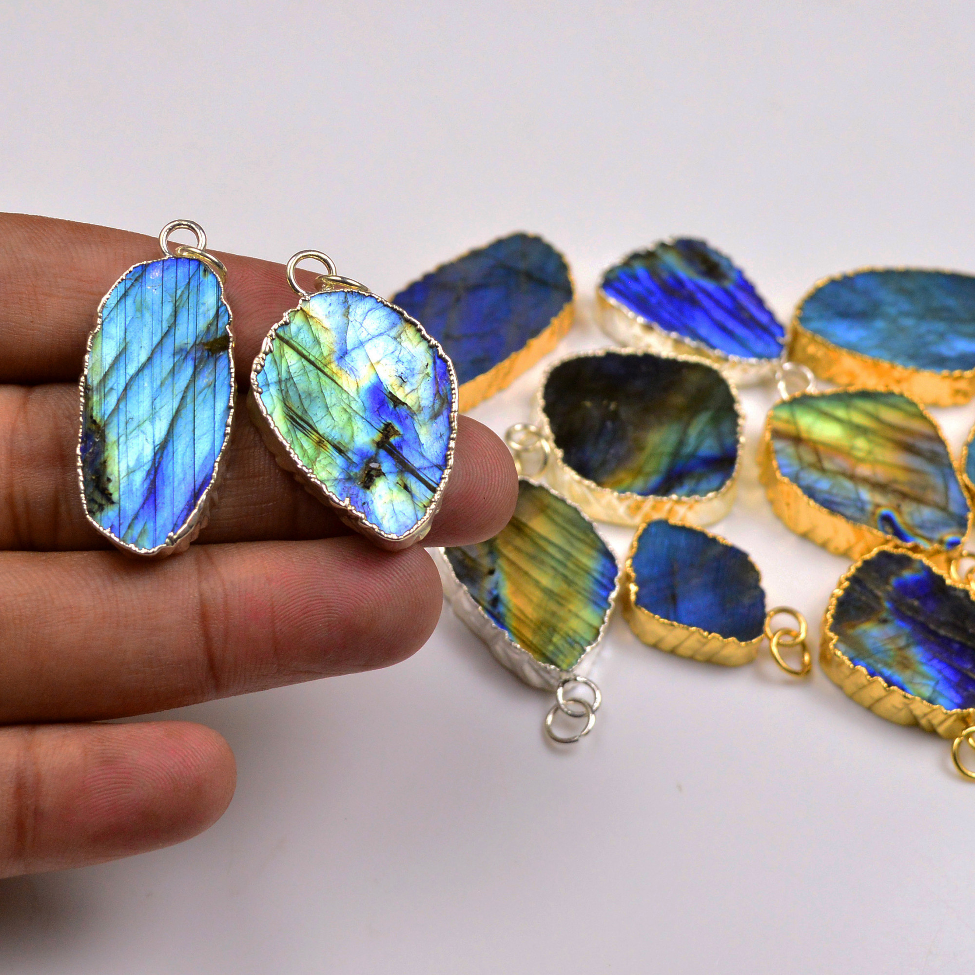 12Pcs 388Cts Natural Labradorite Gold  Silver Electroplated Connector Pendant Lot Natural Gemstone Jewelry Making Supplies 25x1338x18mm 19876