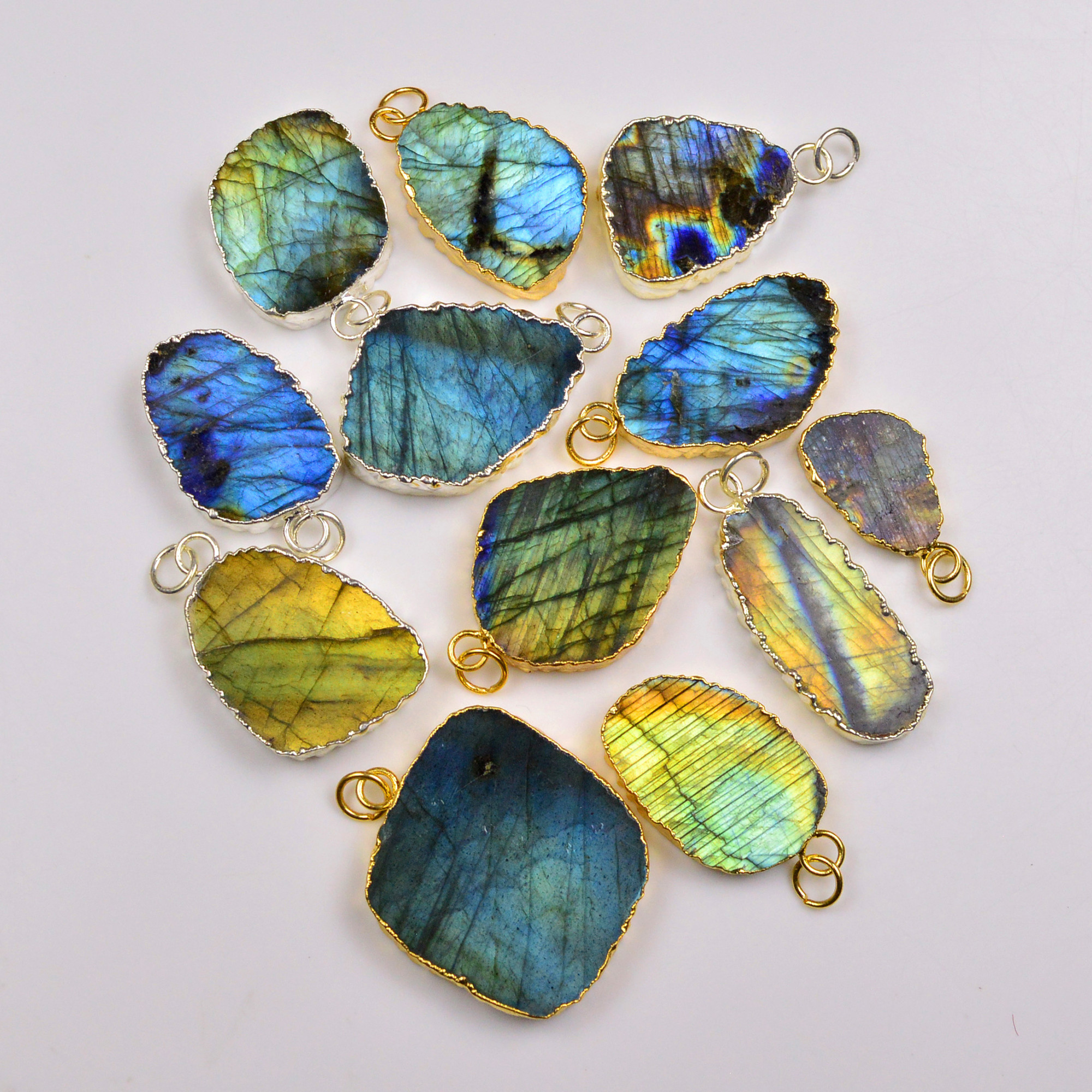 12Pcs 409Cts Natural Labradorite Gold Silver Electroplated Connector Pendant Lot Natural Gemstone Jewelry Making Supplies 24x1335x28mm 19877