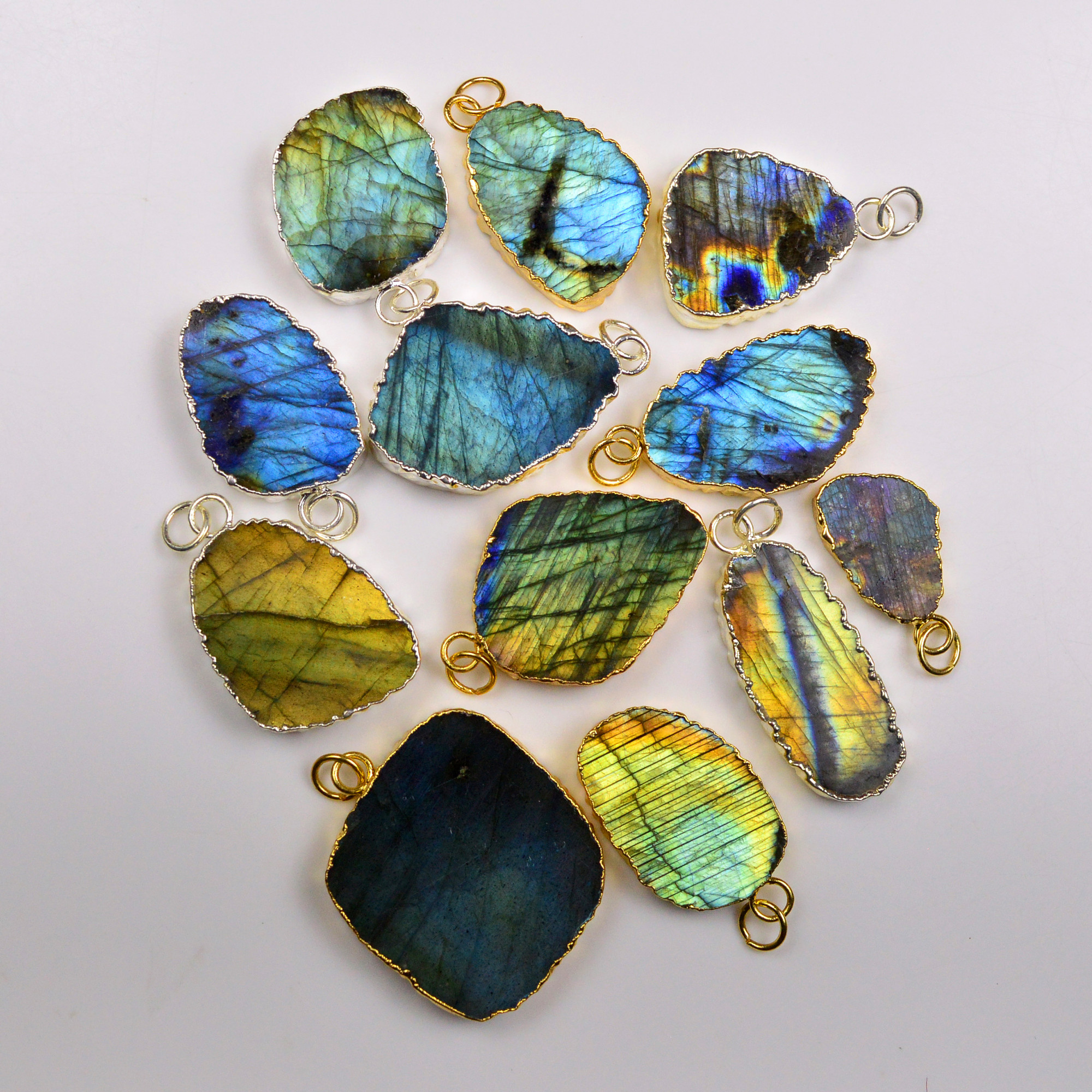 12Pcs 409Cts Natural Labradorite Gold  Silver Electroplated Connector Pendant Lot Natural Gemstone Jewelry Making Supplies 24x1335x28mm 19877