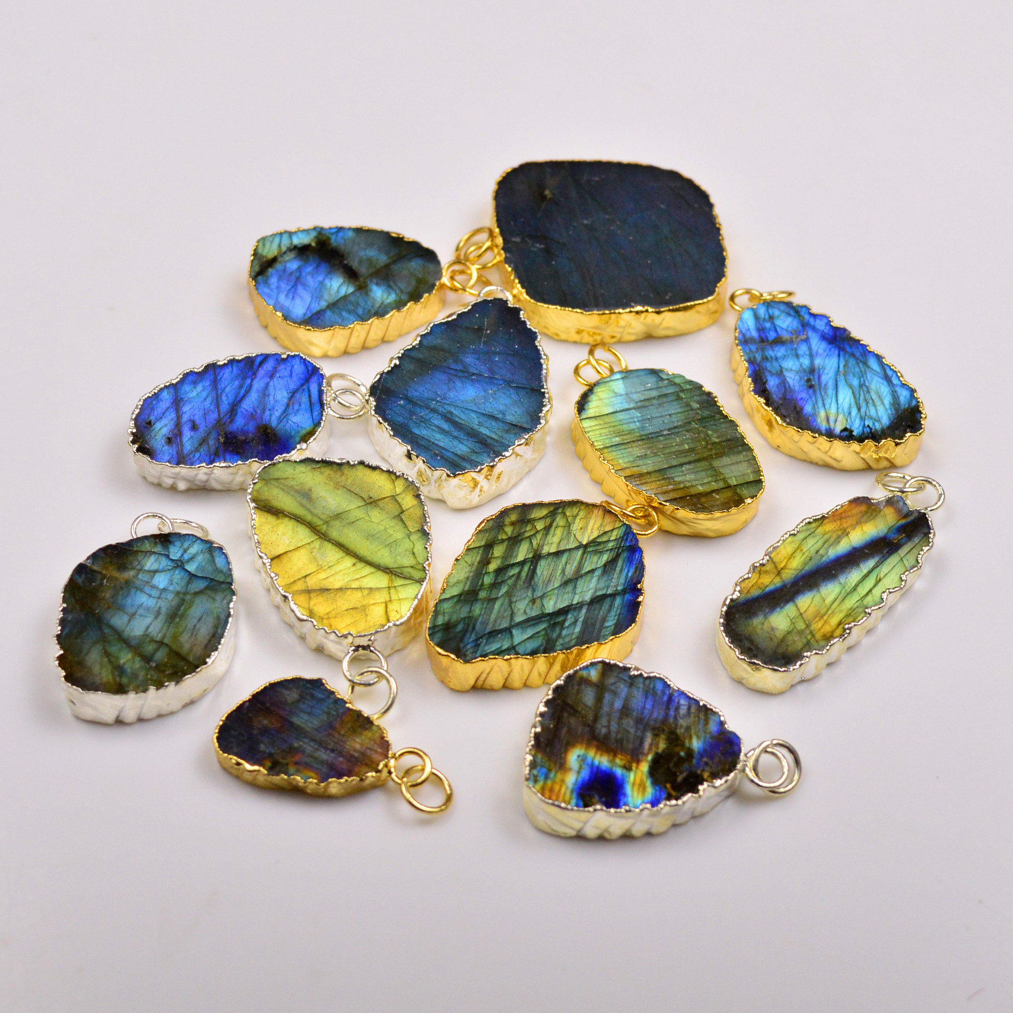 12Pcs 409Cts Natural Labradorite Gold Silver Electroplated Connector Pendant Lot Natural Gemstone Jewelry Making Supplies 24x1335x28mm 19877
