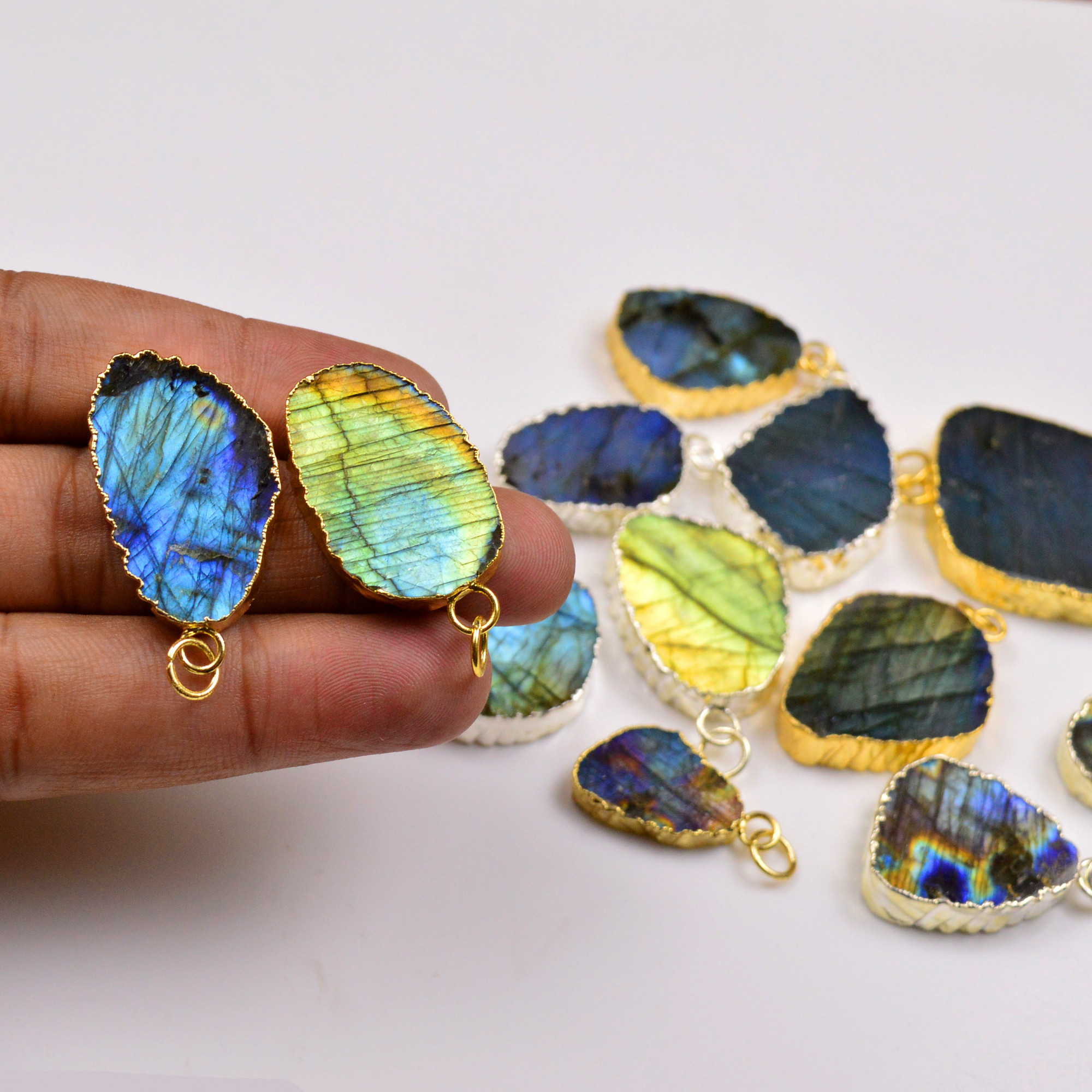 12Pcs 409Cts Natural Labradorite Gold Silver Electroplated Connector Pendant Lot Natural Gemstone Jewelry Making Supplies 24x1335x28mm 19877