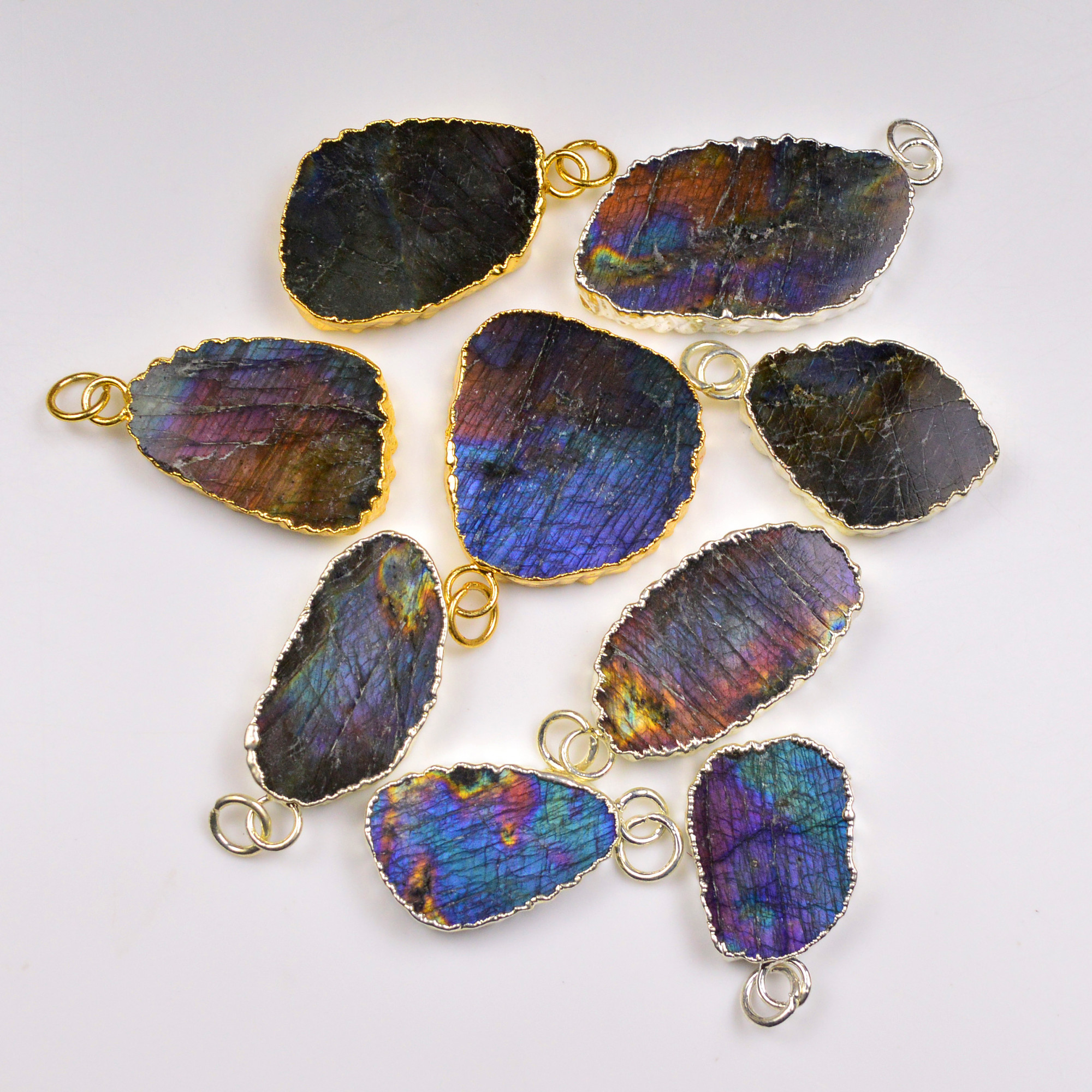 9Pcs 255Cts Natural Labradorite Gold  Silver Electroplated Connector Pendant Lot Natural Gemstone Jewelry Making Supplies 25x1538x16mm 19878