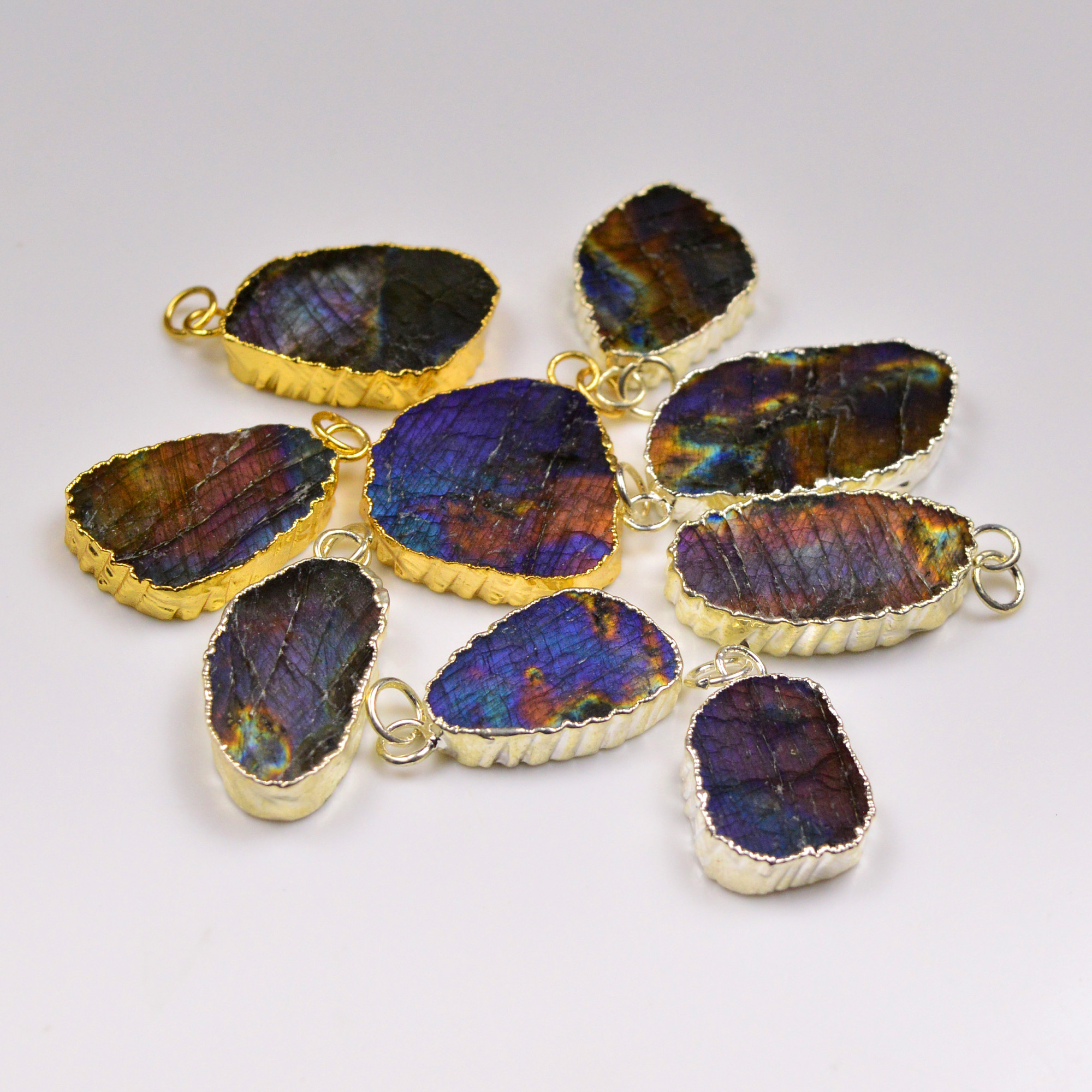9Pcs 255Cts Natural Labradorite Gold  Silver Electroplated Connector Pendant Lot Natural Gemstone Jewelry Making Supplies 25x1538x16mm 19878