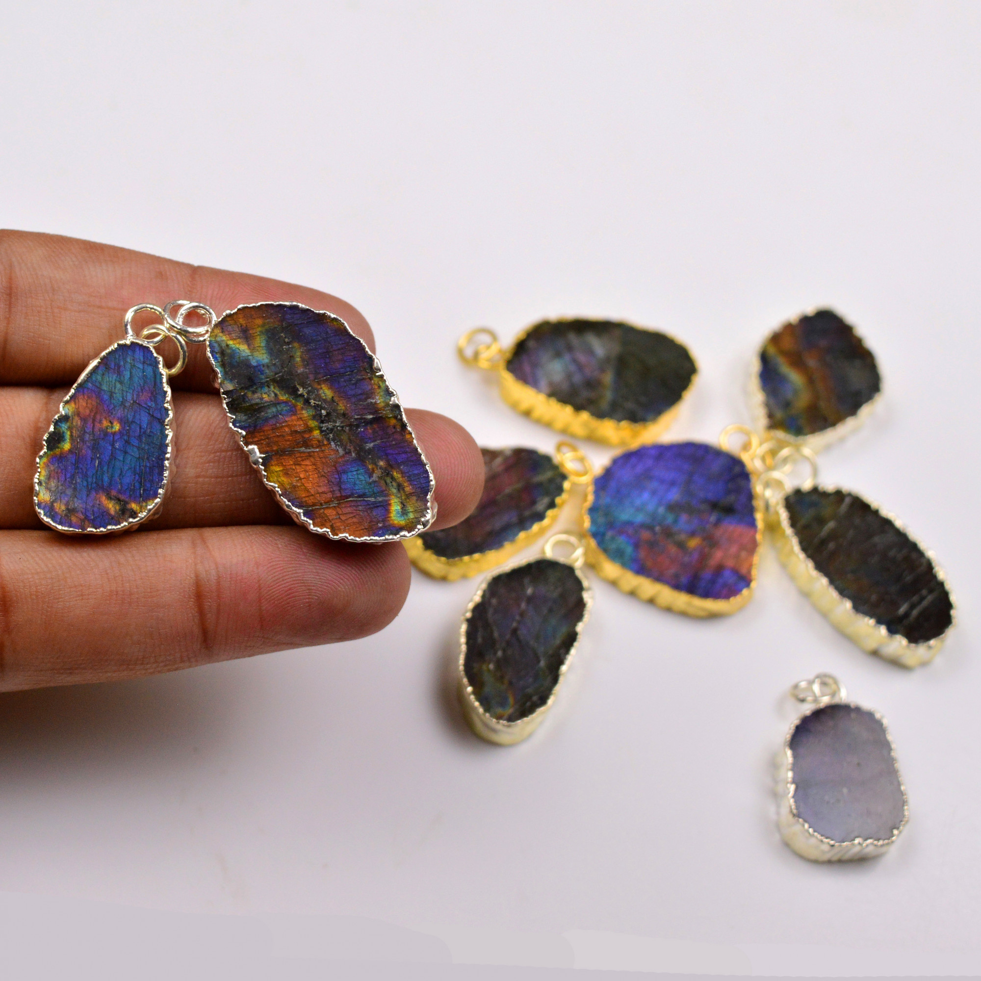 9Pcs 255Cts Natural Labradorite Gold Silver Electroplated Connector Pendant Lot Natural Gemstone Jewelry Making Supplies 25x1538x16mm 19878