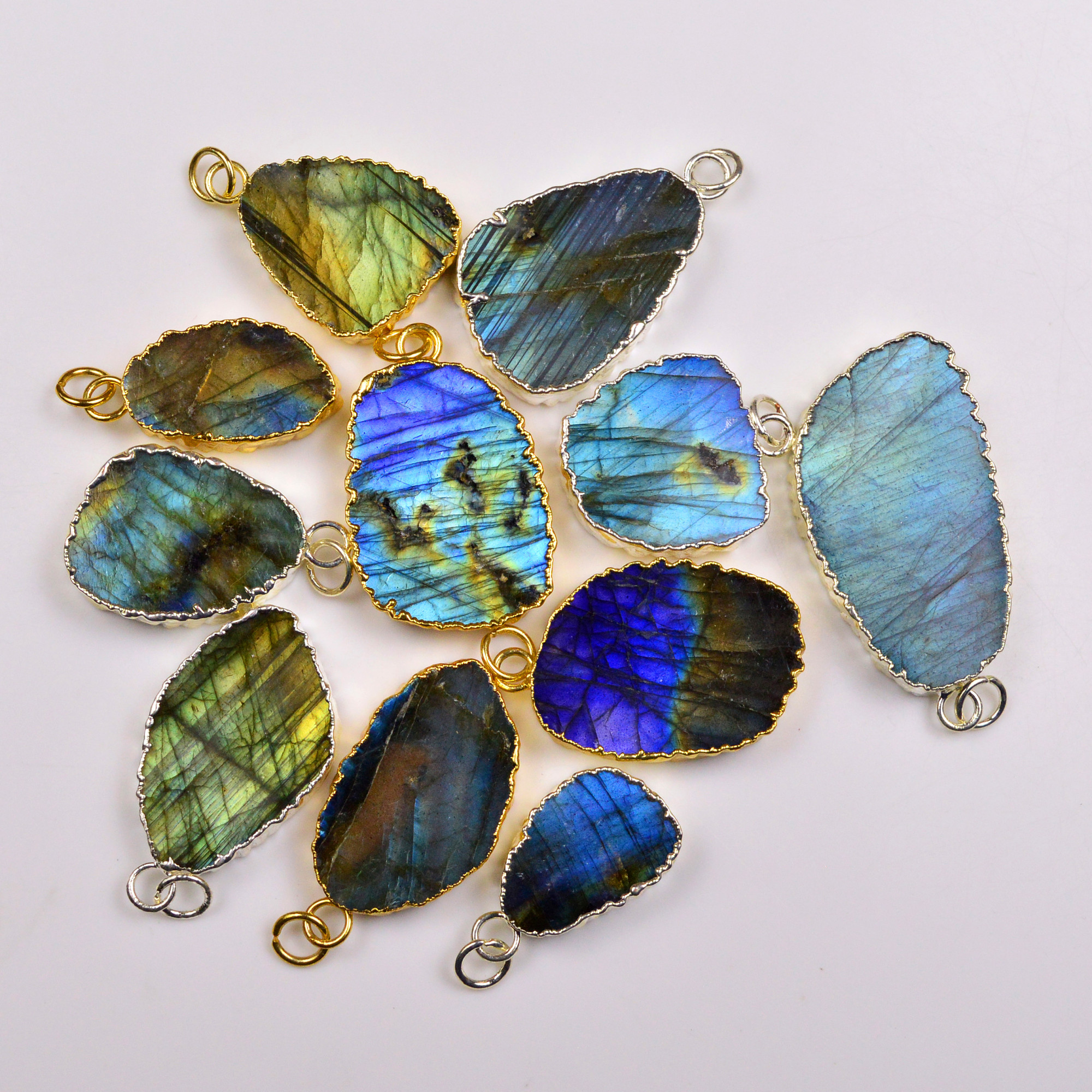 11Pcs 380Cts Natural Labradorite Gold Silver Electroplated Connector Pendant Lot Natural Gemstone Jewelry Making Supplies 25x1445x22mm 19880