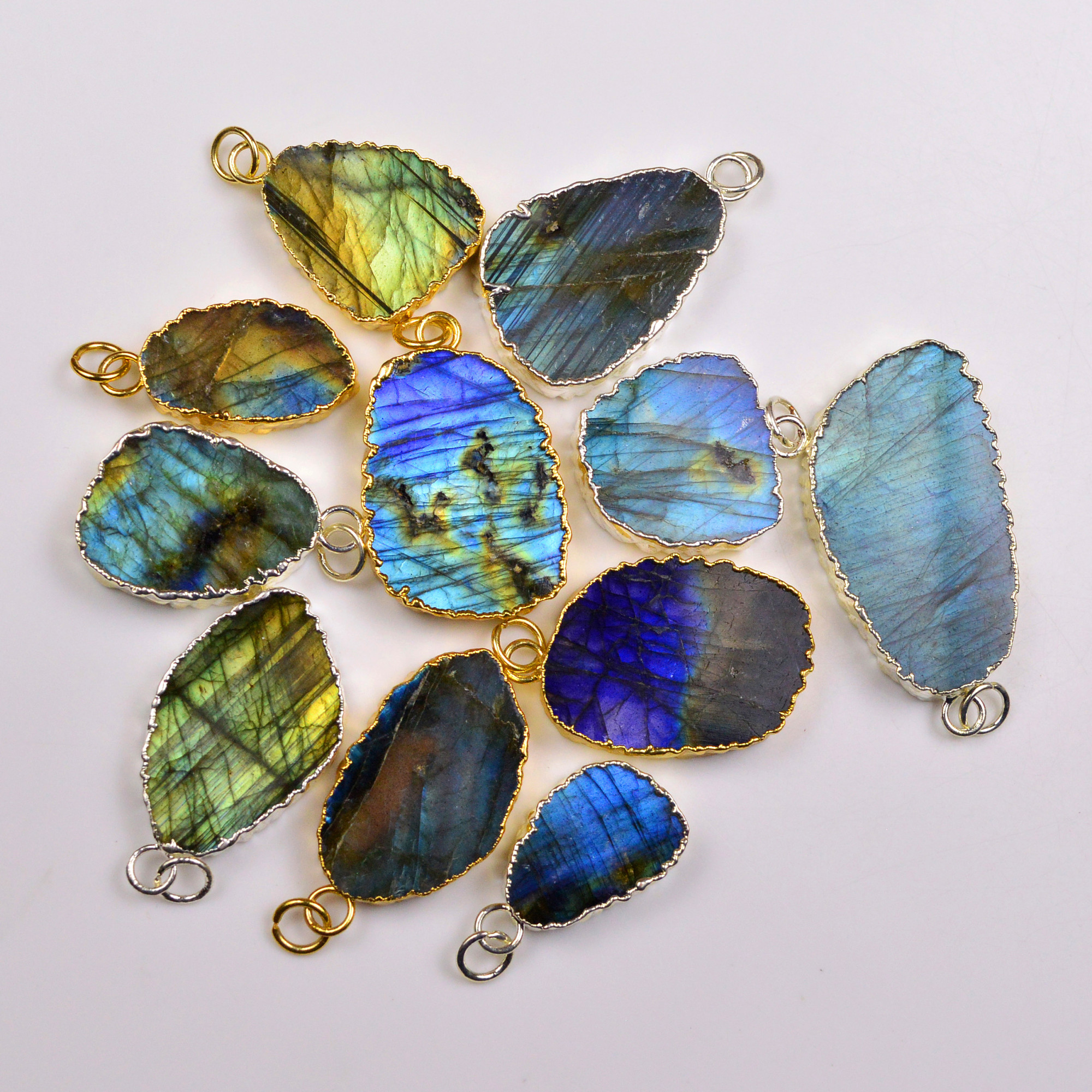 11Pcs 380Cts Natural Labradorite Gold Silver Electroplated Connector Pendant Lot Natural Gemstone Jewelry Making Supplies 25x1445x22mm 19880