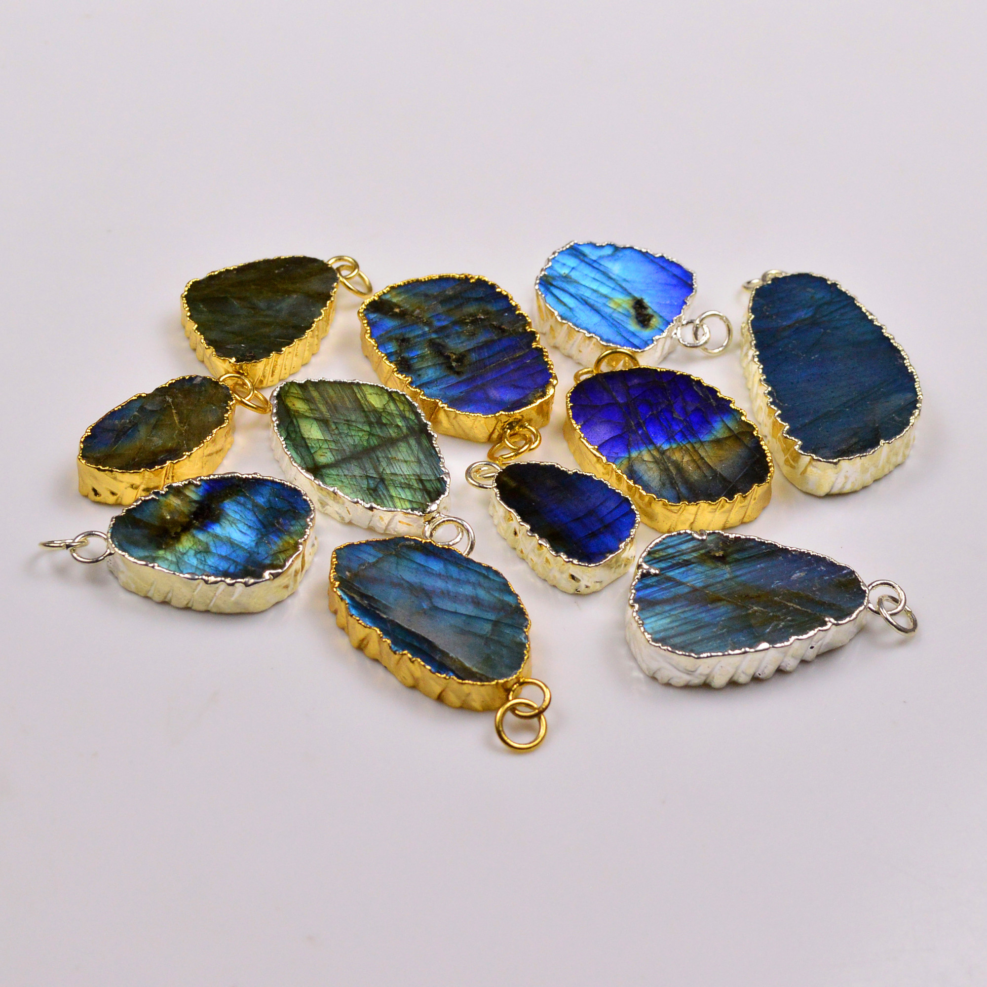 11Pcs 380Cts Natural Labradorite Gold Silver Electroplated Connector Pendant Lot Natural Gemstone Jewelry Making Supplies 25x1445x22mm 19880