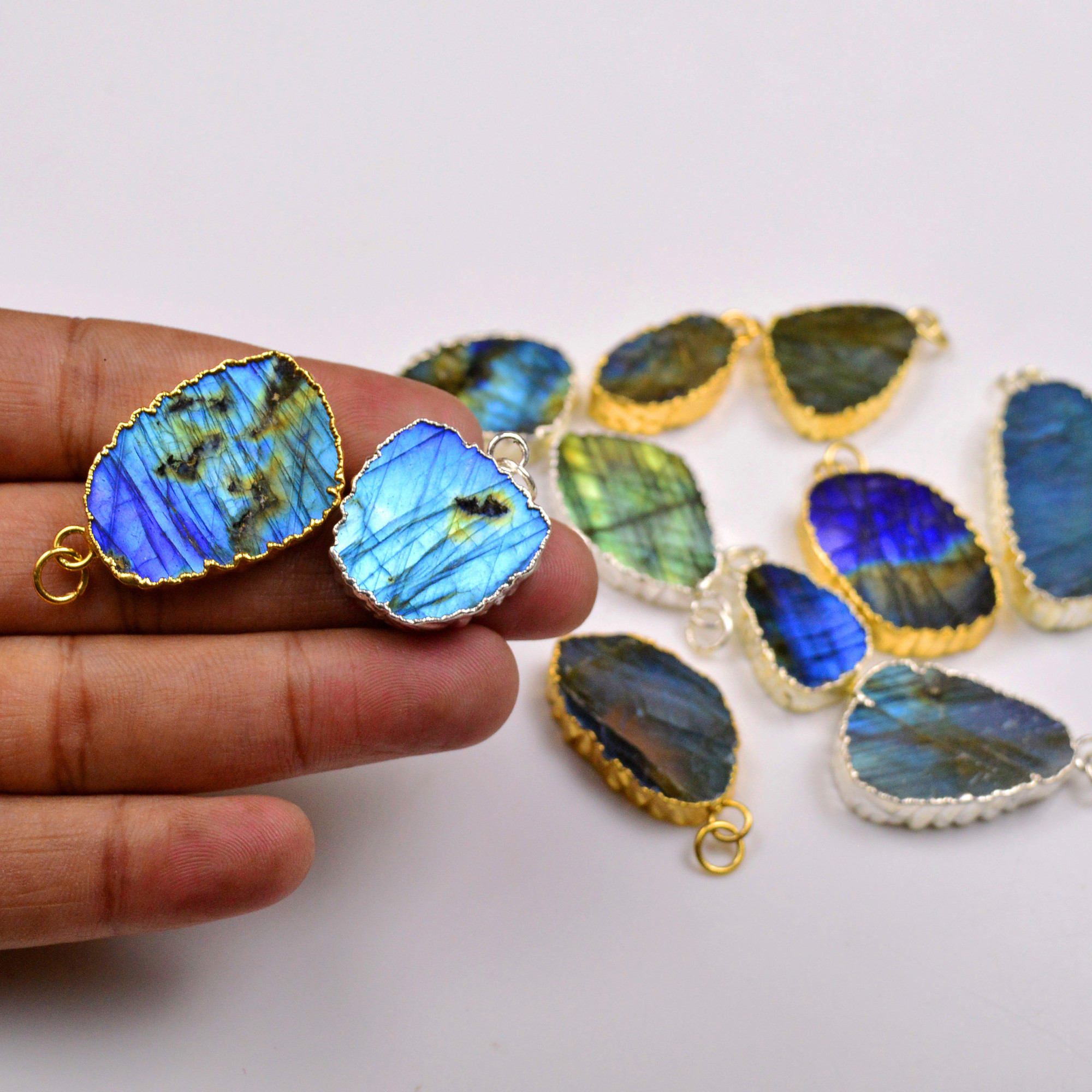 11Pcs 380Cts Natural Labradorite Gold Silver Electroplated Connector Pendant Lot Natural Gemstone Jewelry Making Supplies 25x1445x22mm 19880