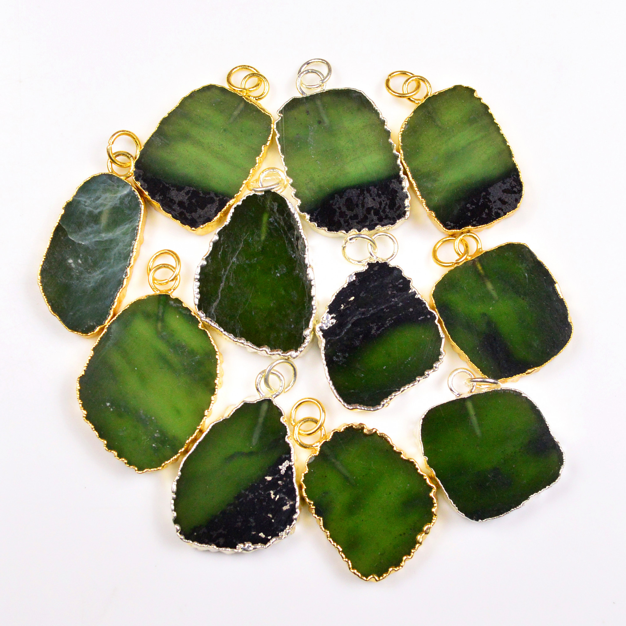 11Pcs 286Cts Natural Serpentine Gold  Silver Electroplated Connector Pendant Lot Natural Gemstone Jewelry Making Supplies 26x2035x22mm 19887