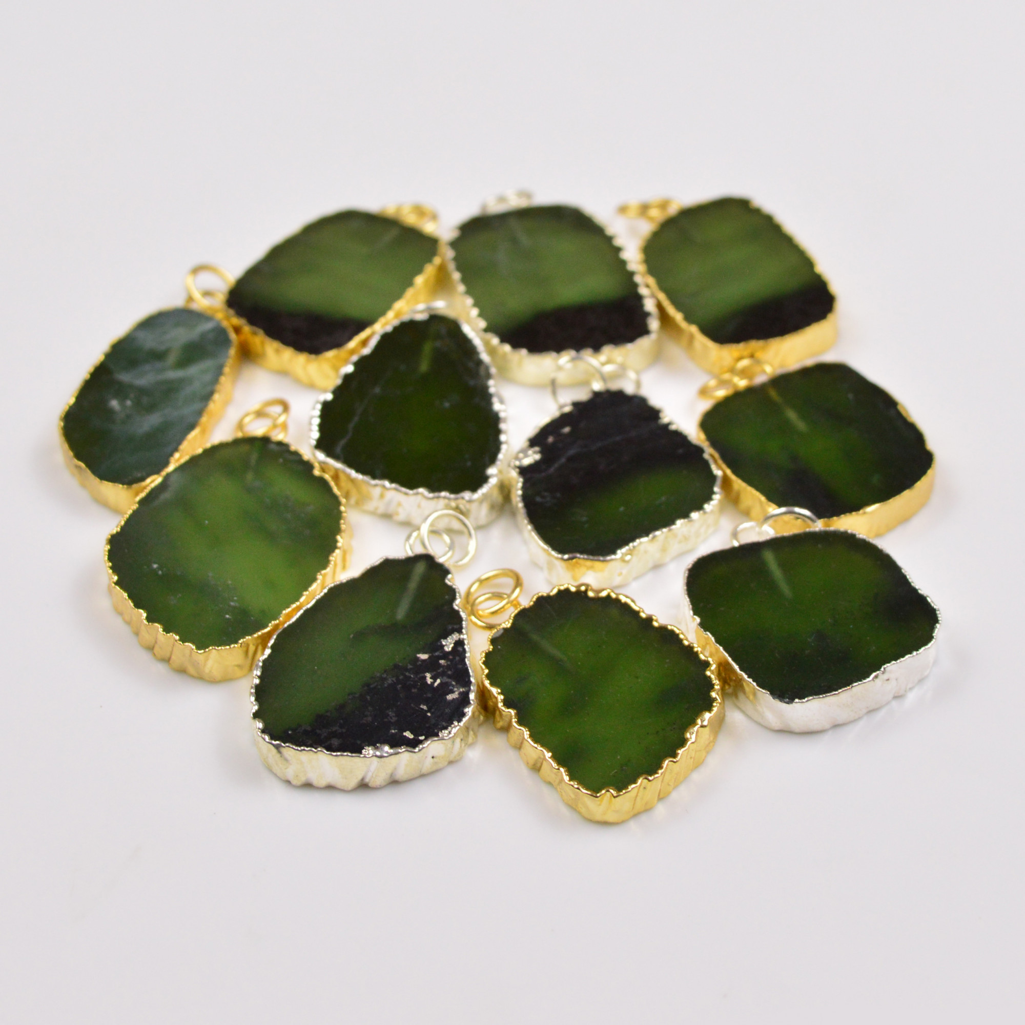 11Pcs 286Cts Natural Serpentine Gold  Silver Electroplated Connector Pendant Lot Natural Gemstone Jewelry Making Supplies 26x2035x22mm 19887