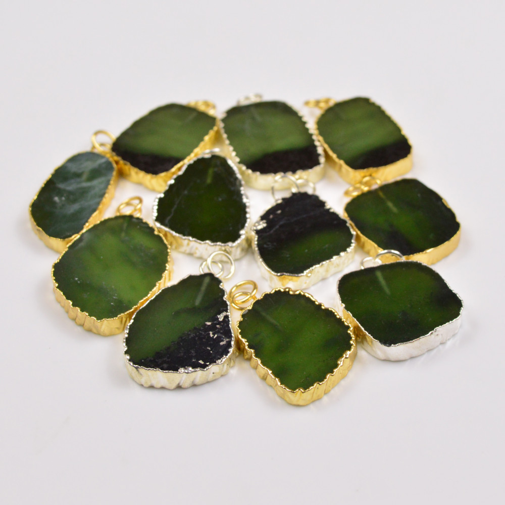 Image of 11Pcs 286Cts Natural Serpentine Gold &amp; Silver Electroplated Connector Pendant Lot, Natural Gemstone Jewelry Making Supplies, 26x20–35x22mm #19887