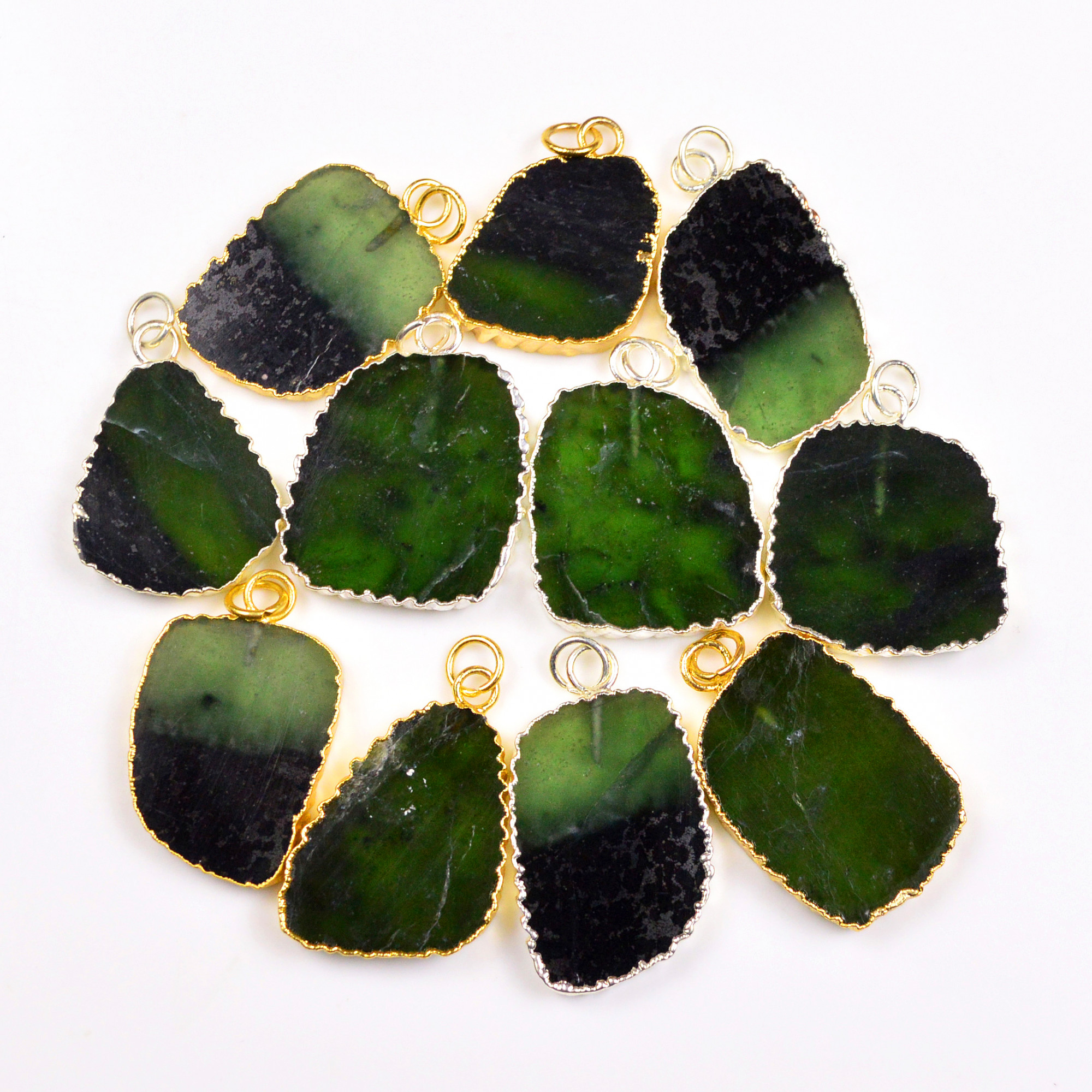 11Pcs 300Cts Natural Serpentine Gold  Silver Electroplated Connector Pendant Lot Natural Gemstone Jewelry Making Supplies 26x2034x22mm 19889