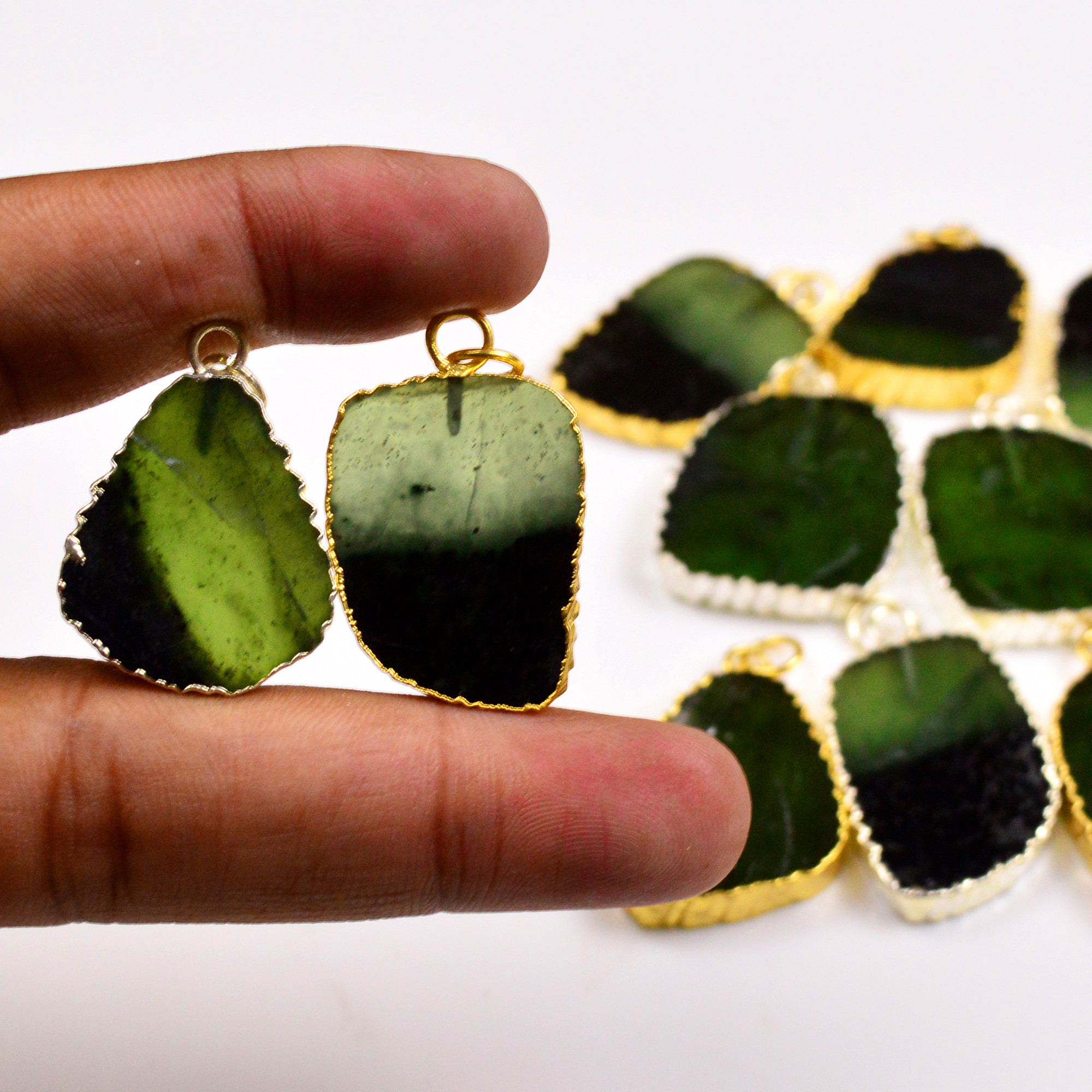 11Pcs 300Cts Natural Serpentine Gold  Silver Electroplated Connector Pendant Lot Natural Gemstone Jewelry Making Supplies 26x2034x22mm 19889