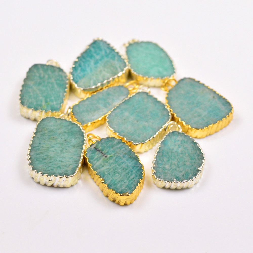 Image of 9Pcs 294Cts Natural Amazonite Gold &amp; Silver Electroplated Connector Pendant Lot, Natural Gemstone Jewelry Making Supplies, 30x25–35x21mm #19890