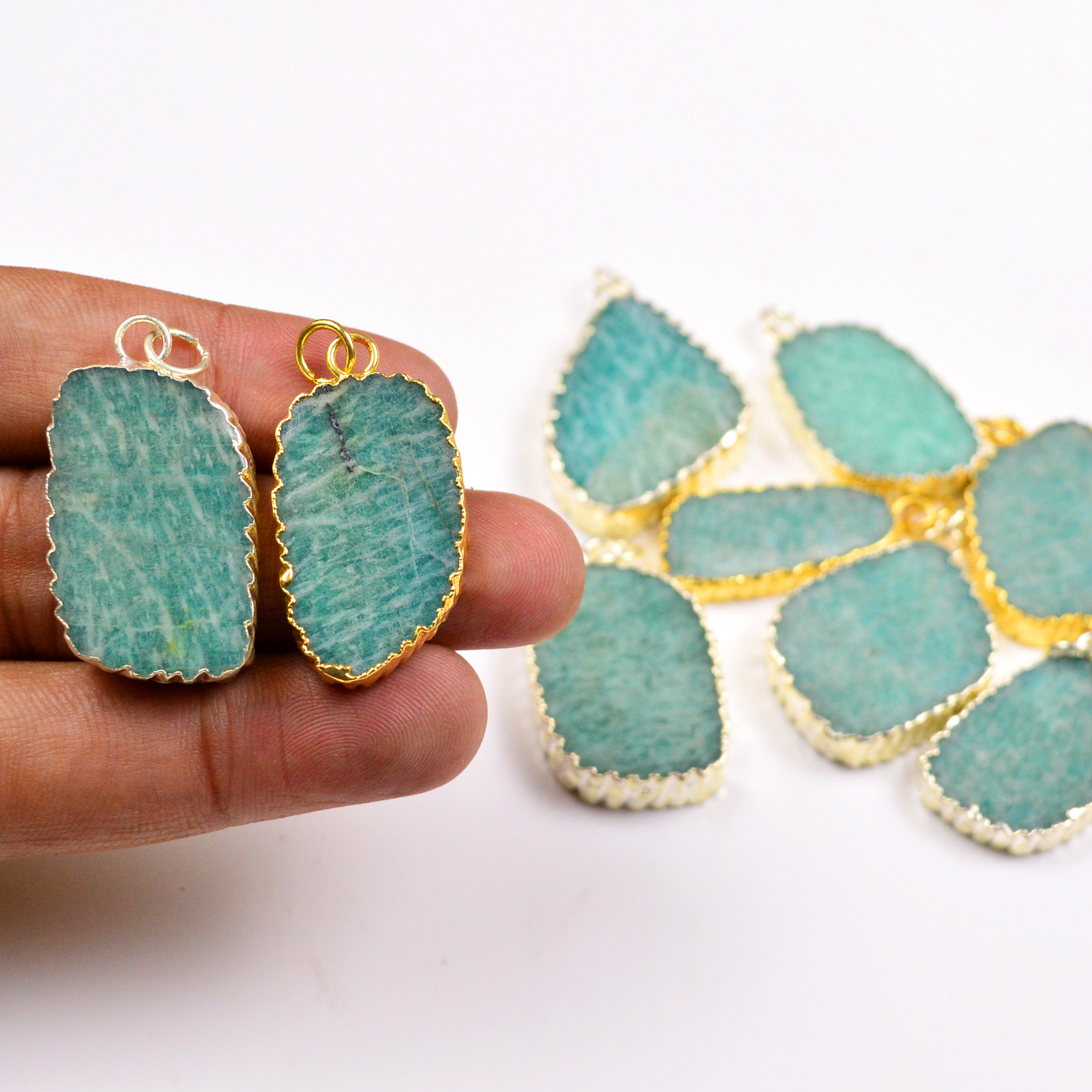 9Pcs 294Cts Natural Amazonite Gold Silver Electroplated Connector Pendant Lot Natural Gemstone Jewelry Making Supplies 30x2535x21mm 19890
