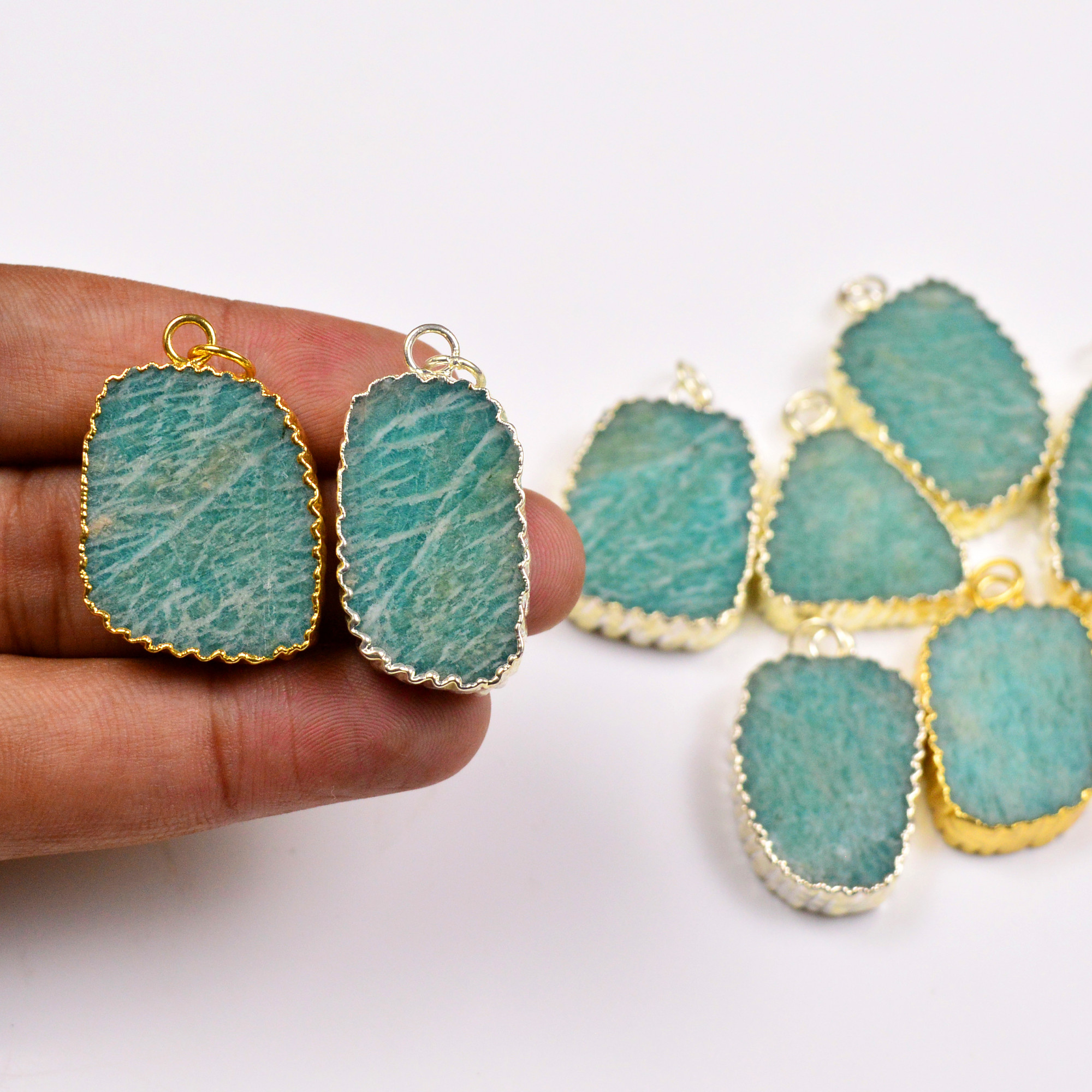 8Pcs 315Cts Natural Amazonite Gold  Silver Electroplated Connector Pendant Lot Natural Gemstone Jewelry Making Supplies 30x2534x22mm 19891