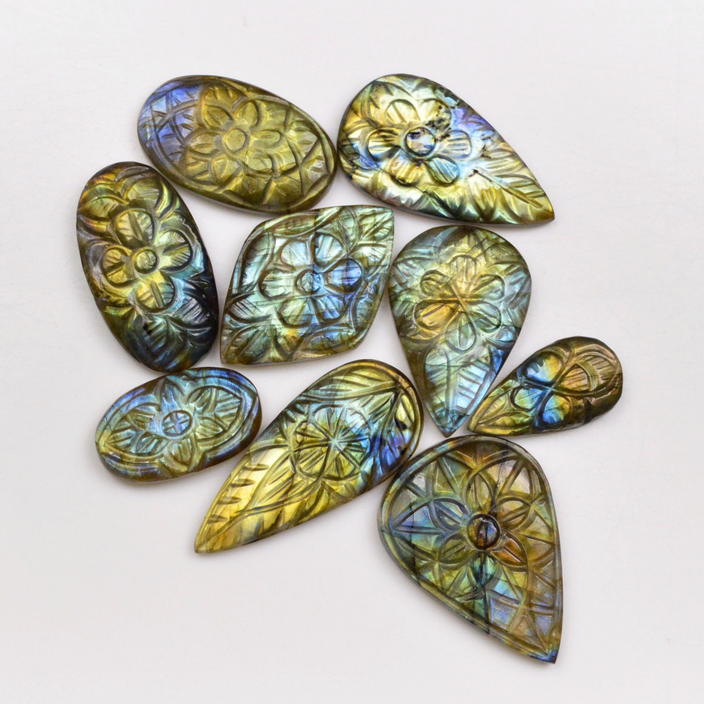 Image of 9Pcs177Cts  Natural Labradorite Mughal Carving Cabachon Lot For Jewelry Making 34x15 21x11mm #19927
