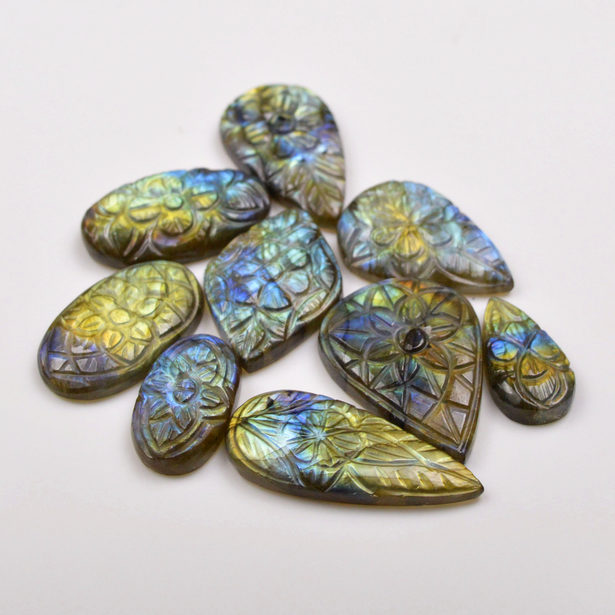 9Pcs177Cts  Natural Labradorite Mughal Carving Cabachon Lot For Jewelry Making 34x15 21x11mm 19927