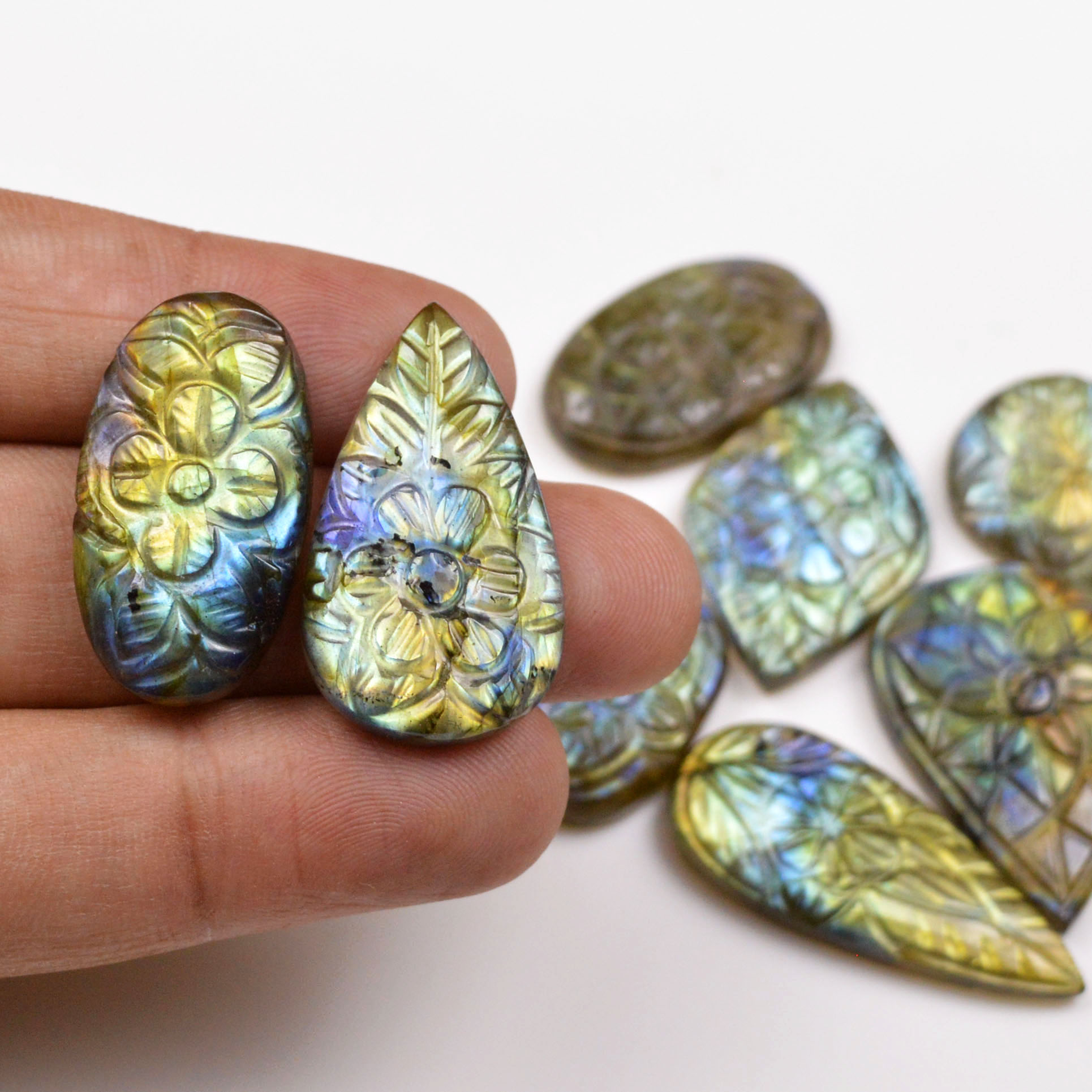 9Pcs177Cts Natural Labradorite Mughal Carving Cabachon Lot For Jewelry Making 34x15 21x11mm 19927