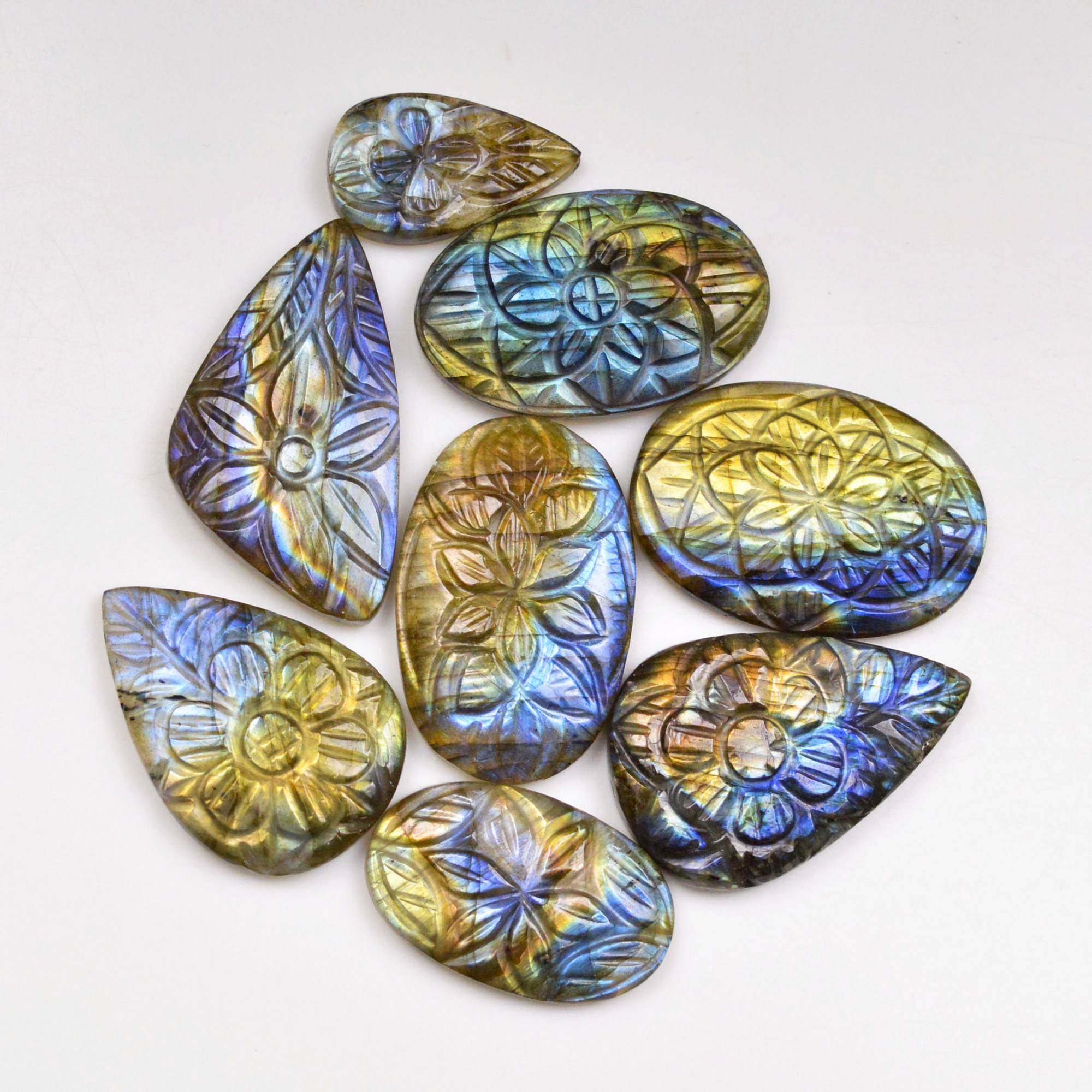 8 Pcs 189 Cts  Natural Labradorite Mughal Carving Cabachon Lot For Jewelry Making 30x21 21x12mm 19928