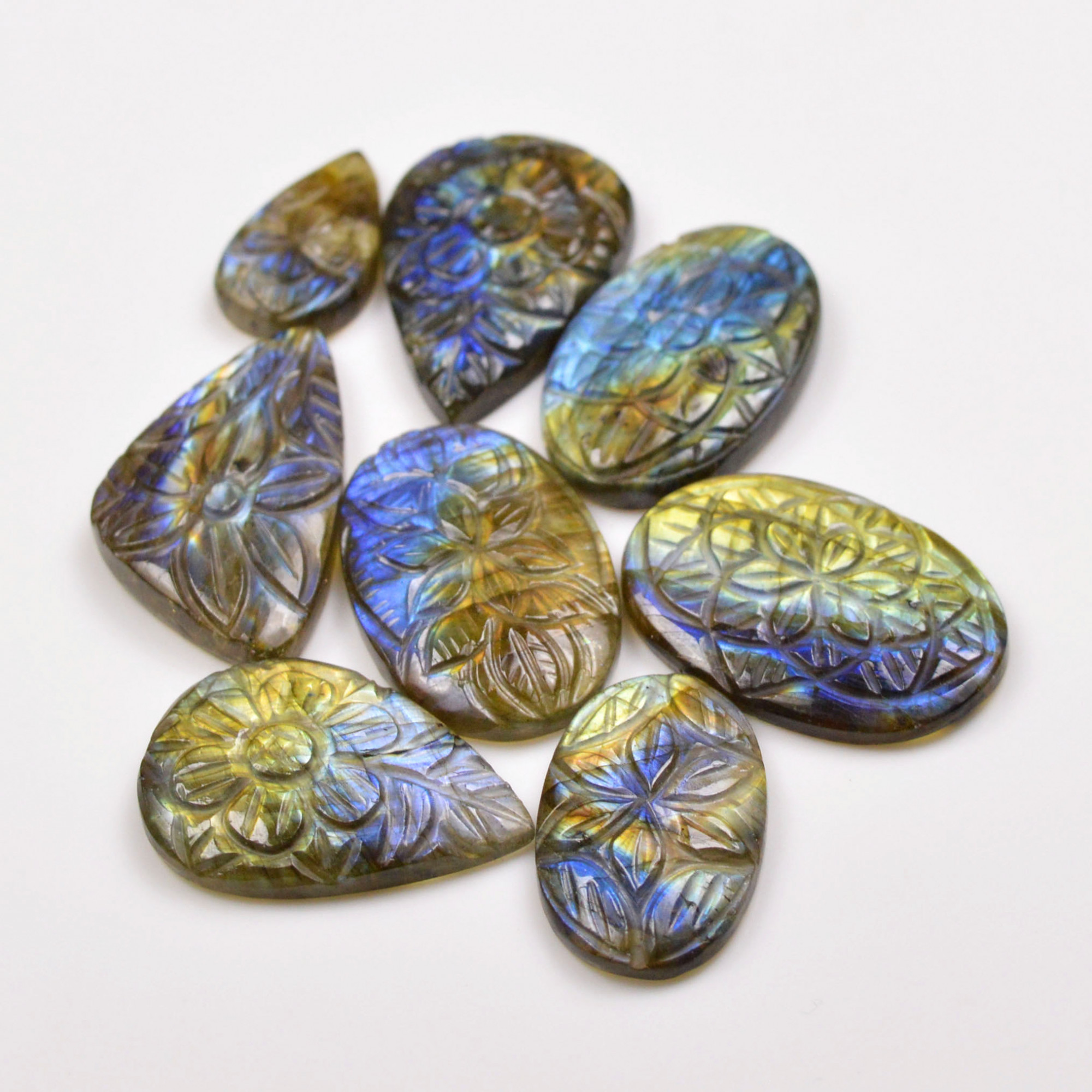 8 Pcs 189 Cts  Natural Labradorite Mughal Carving Cabachon Lot For Jewelry Making 30x21 21x12mm 19928