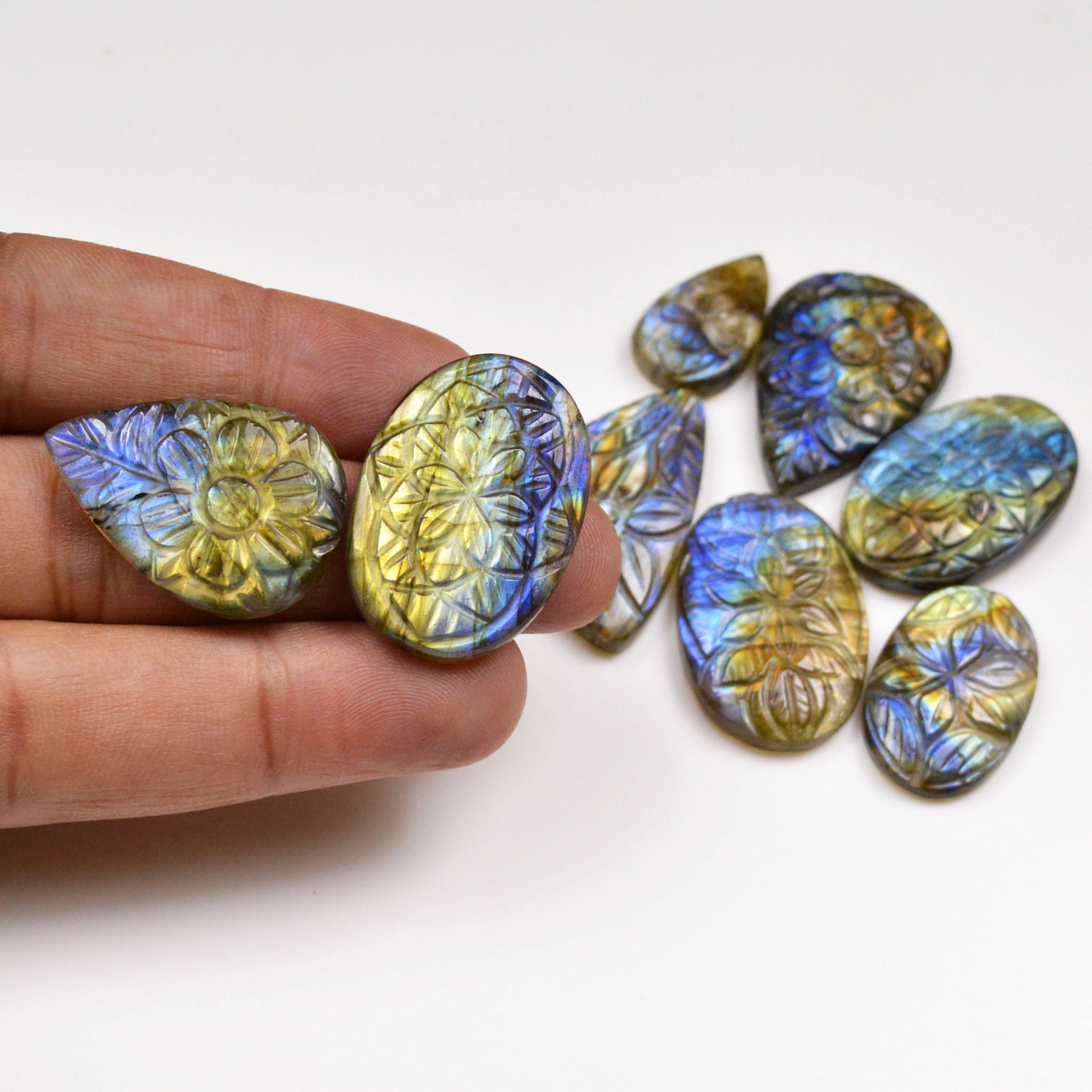 8 Pcs 189 Cts Natural Labradorite Mughal Carving Cabachon Lot For Jewelry Making 30x21 21x12mm 19928