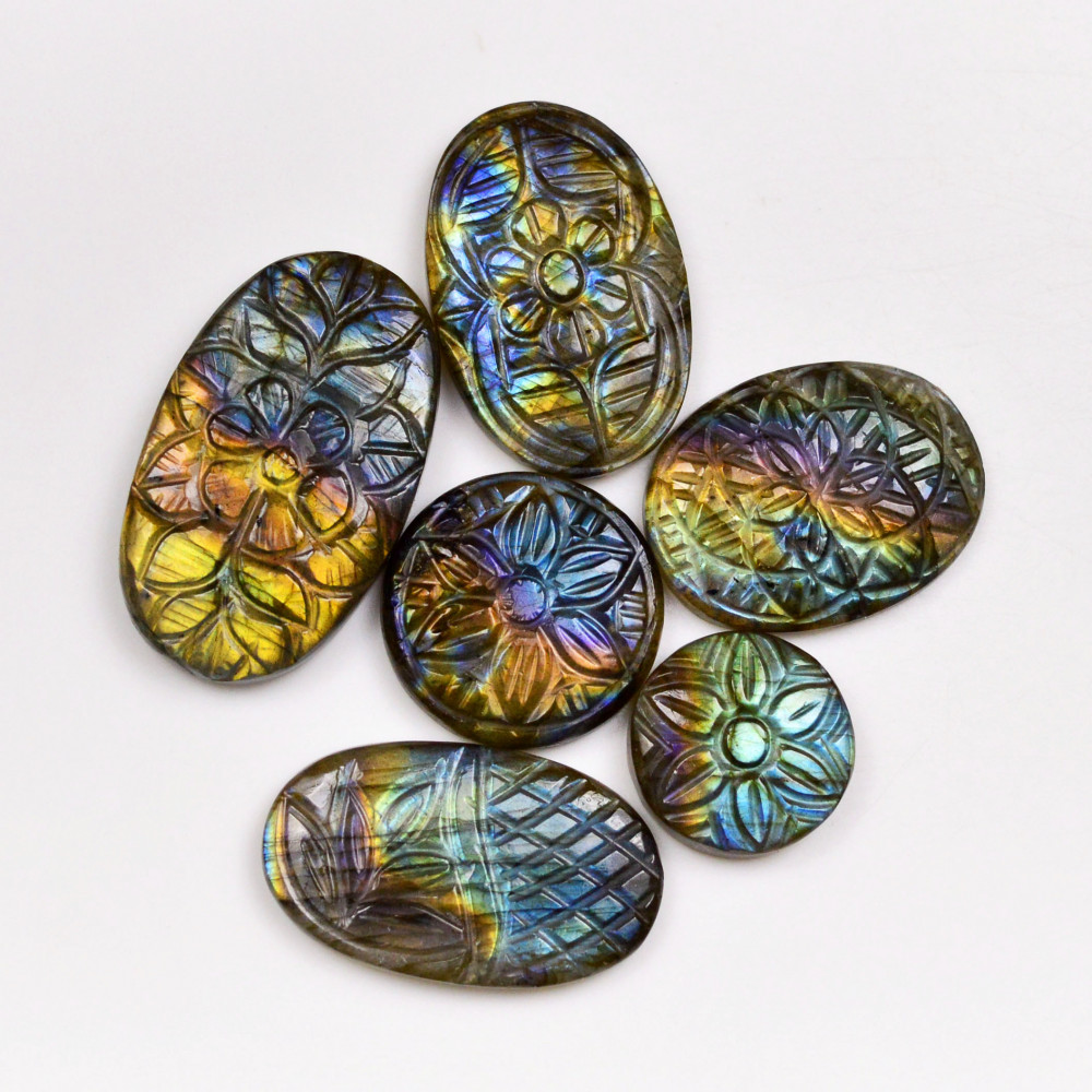 Image of 6 Pcs 183 Cts  Natural Labradorite Mughal Carving Cabachon Lot For Jewelry Making 37x22 17x17mm #19929