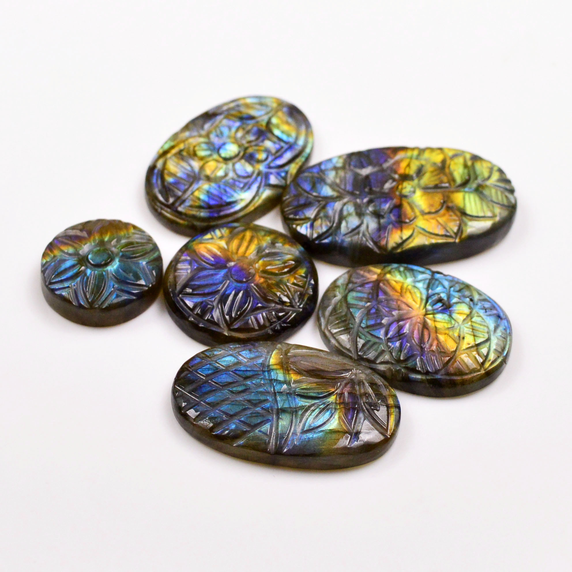 6 Pcs 183 Cts  Natural Labradorite Mughal Carving Cabachon Lot For Jewelry Making 37x22 17x17mm 19929