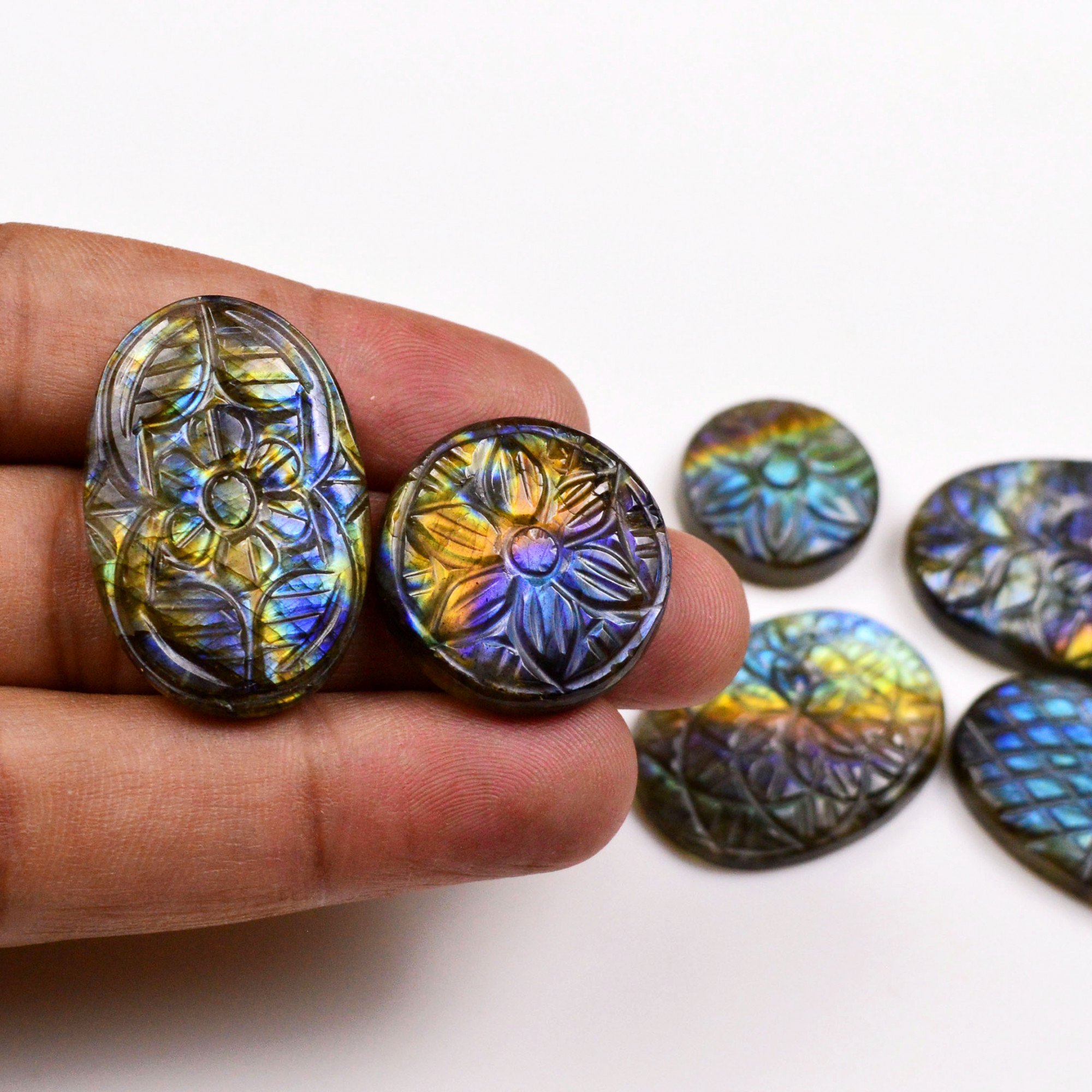 6 Pcs 183 Cts  Natural Labradorite Mughal Carving Cabachon Lot For Jewelry Making 37x22 17x17mm 19929